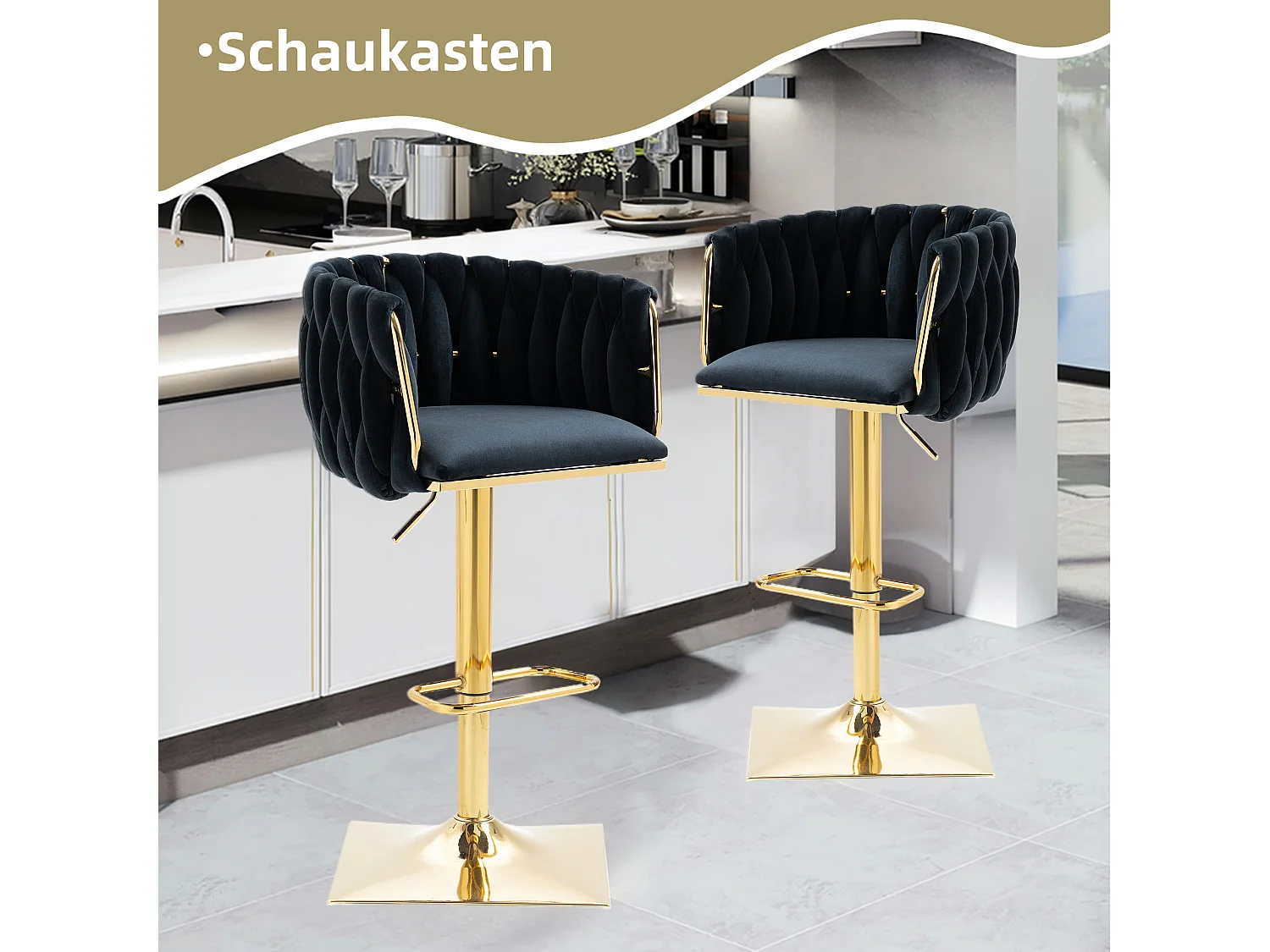 Lot de 2 tabourets de bar, pivotante,  réglable en hauteur avec dossier et repose-pieds, pied en metal, 53x51x83-105cm, noir