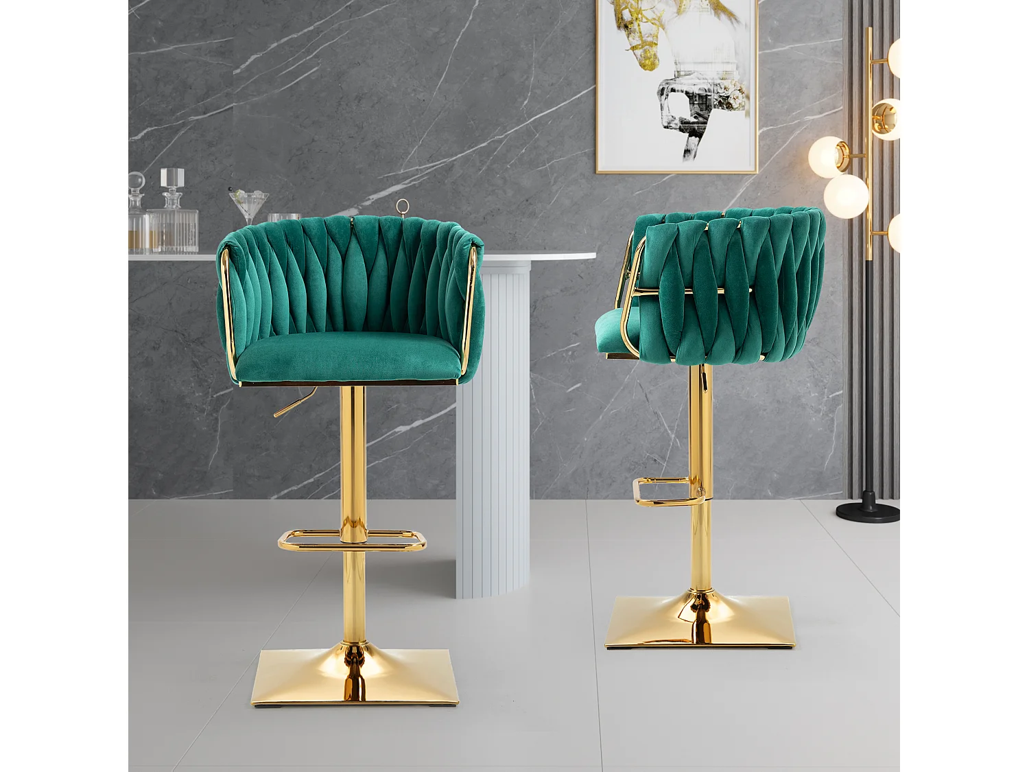 Lot de 2 tabourets de bar, pivotante,  réglable en hauteur avec dossier et repose-pieds, pied en metal, 53x51x83-105cm, vert