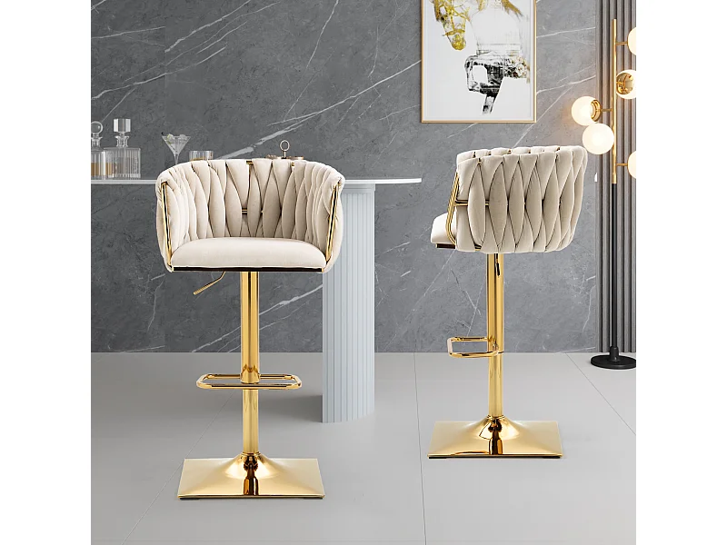 Conjunto de 2 bancos altos, giratórios, reguláveis em altura com encosto e apoio para os pés, pernas metálicas, 53x51x83-105cm, bege