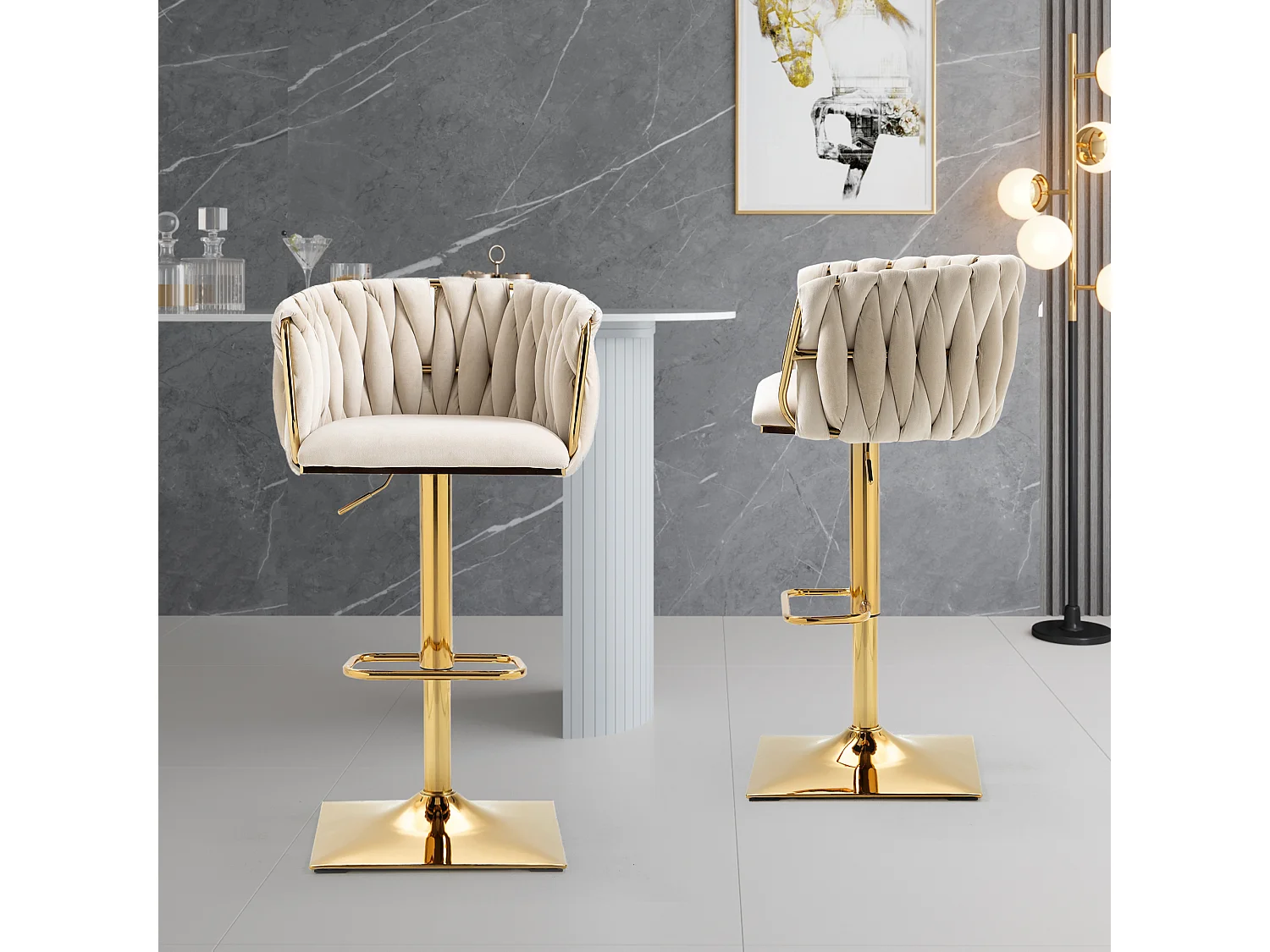 Conjunto de 2 bancos altos, giratórios, reguláveis em altura com encosto e apoio para os pés, pernas metálicas, 53x51x83-105cm, bege