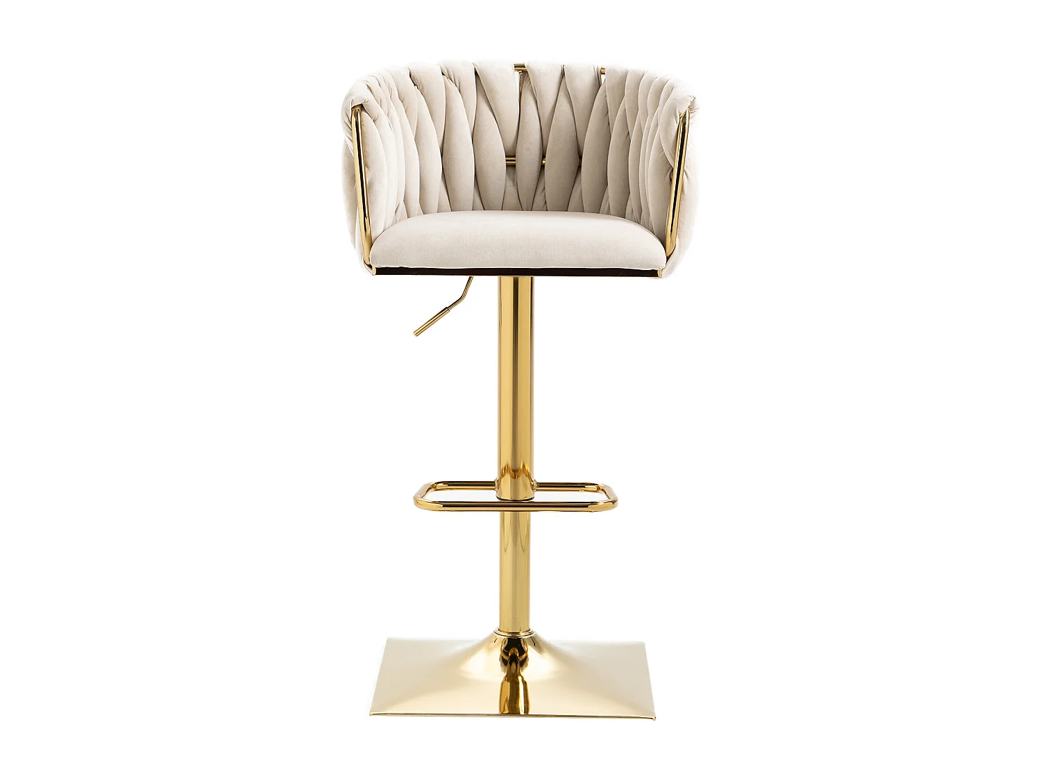 Conjunto de 2 bancos altos, giratórios, reguláveis em altura com encosto e apoio para os pés, pernas metálicas, 53x51x83-105cm, bege