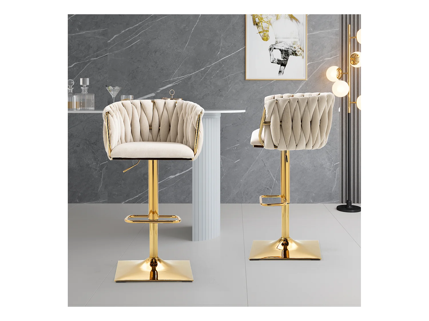 Lot de 2 tabourets de bar, pivotante,  réglable en hauteur avec dossier et repose-pieds, pied en metal, 53x51x83-105cm, beige