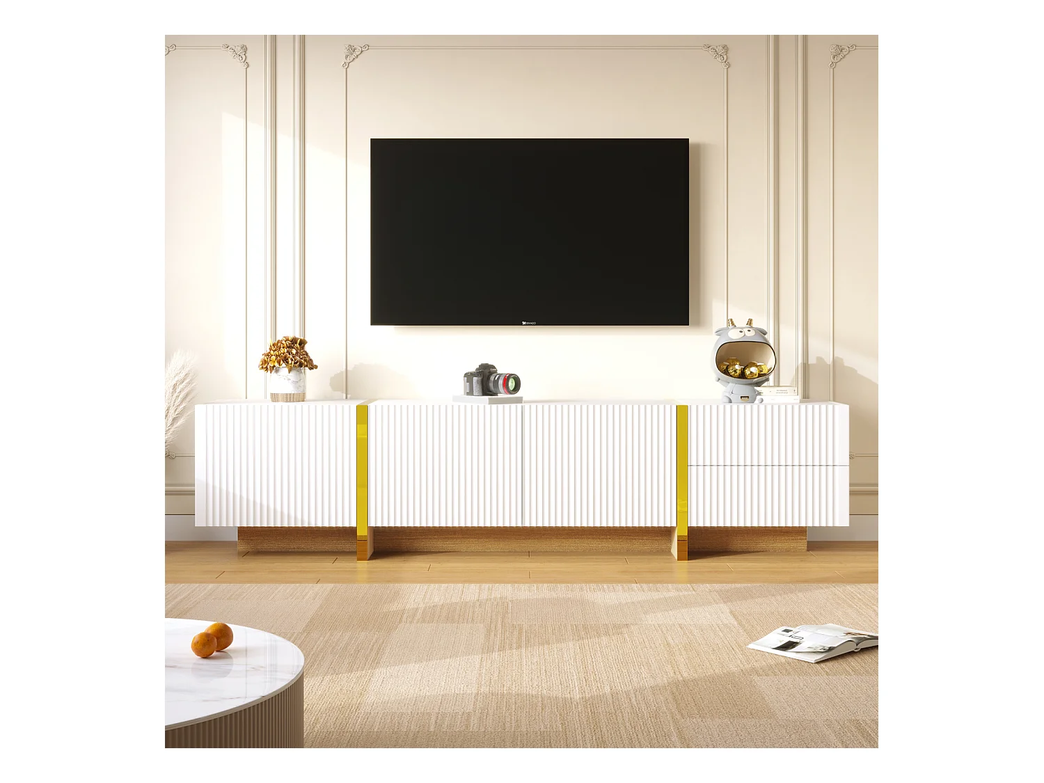 Mueble de TV de 190 cm con 3 puertas y 2 cajones, blanco con vetas doradas y madera.