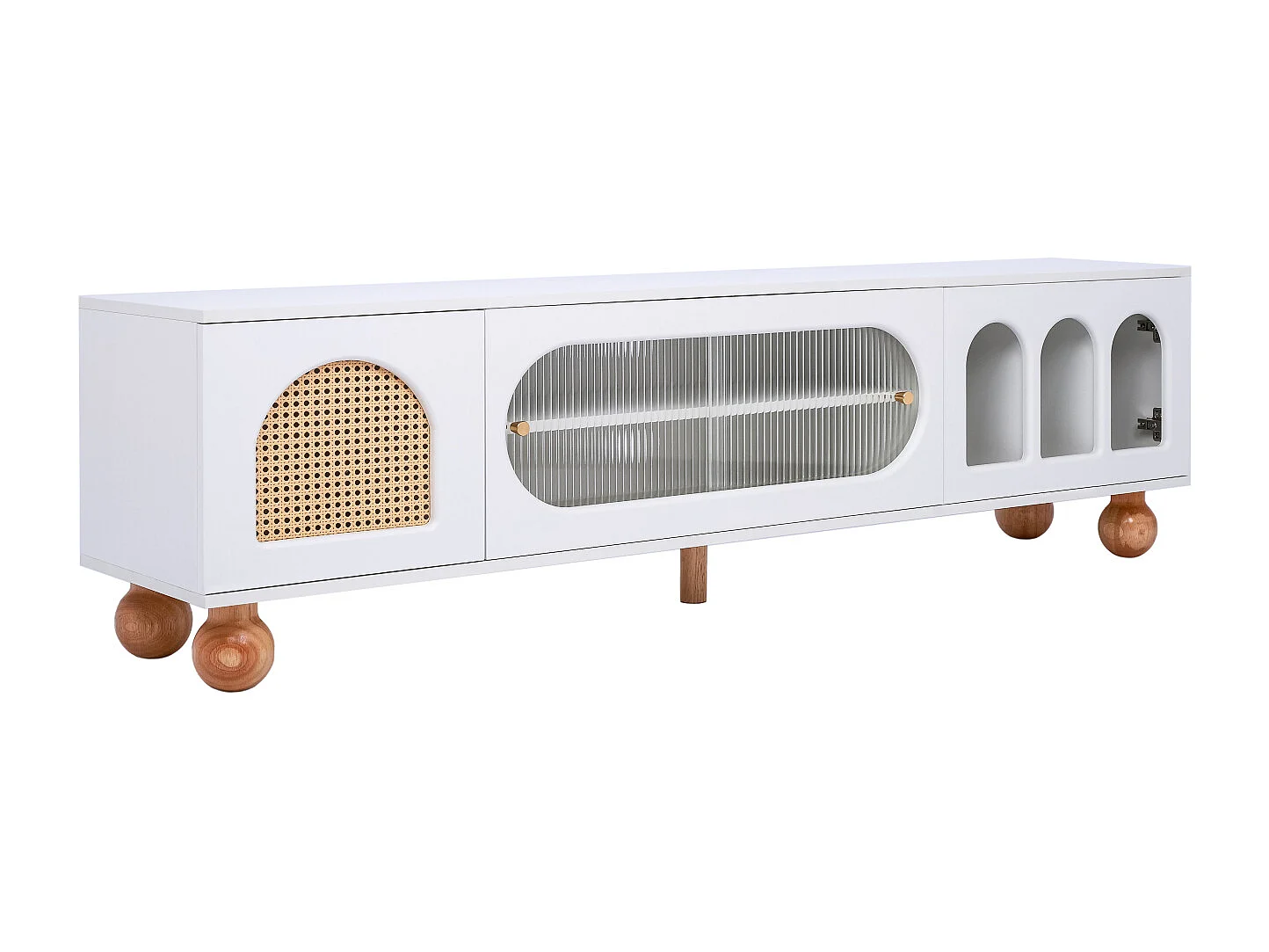 Mobile TV da 170 cm, con anta in rattan, ante in vetro, spazio di archiviazione, stile country, mobile TV - Bianco