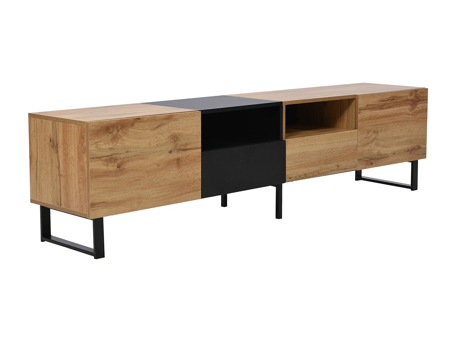 TV-meubel 190 cm, met 2 lades, 2 deuren, 2 open compartimenten, Scandinavische stijl, TV-ladekast in wild eiken - Bruin