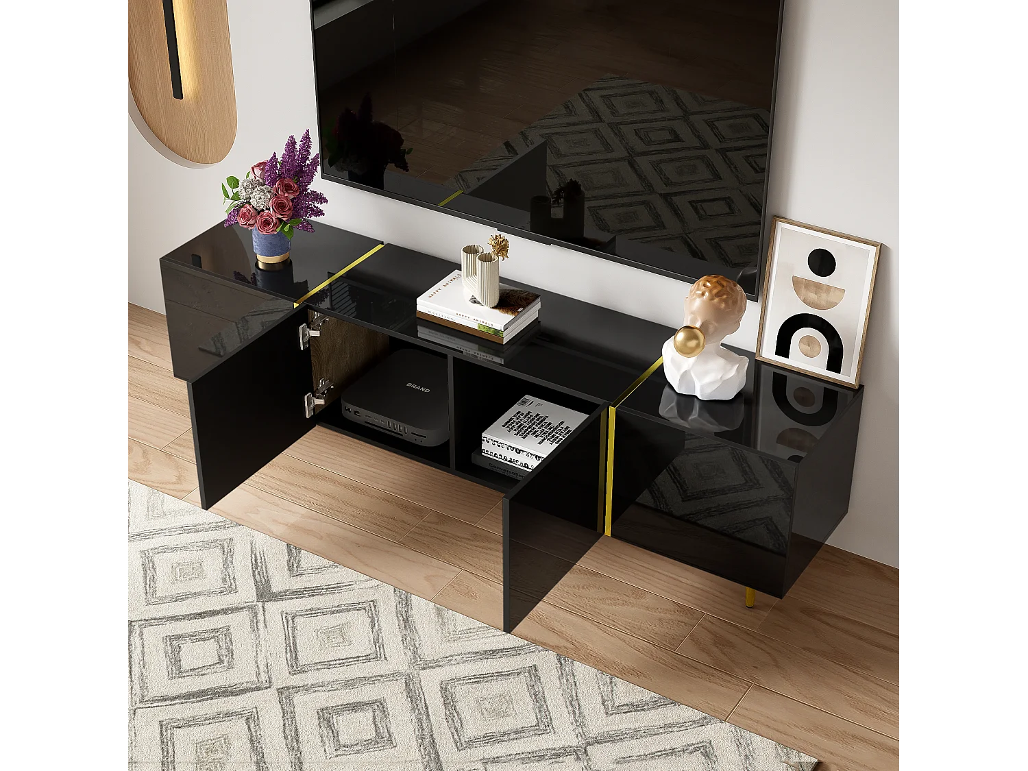 Meuble TV 170x35x46cm - Armoire brillant à 4 portes - moderne et simple - MDF Noir