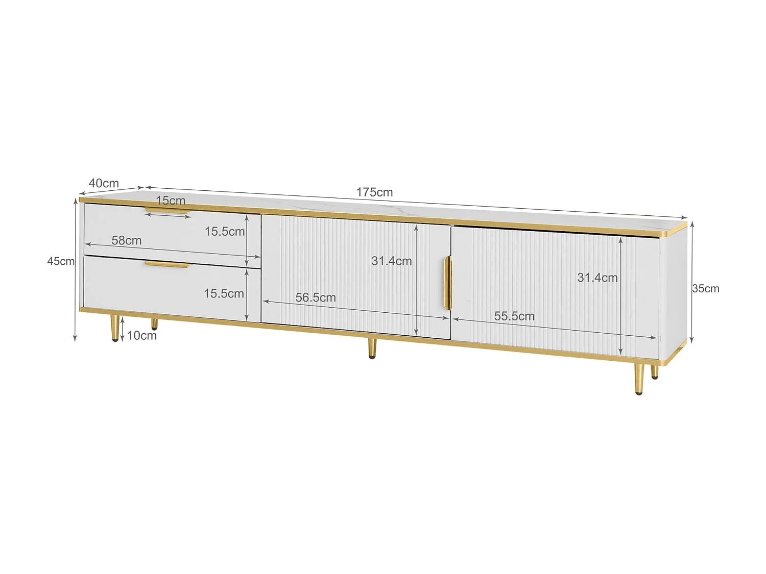 Mobile TV da 175 cm, con 2 cassetti, 2 ante, gambe e maniglia in metallo dorato, motivi intagliati, stile scandinavo, mobili per soggiorno in legno - Bianco