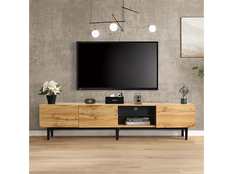 Móvel de TV industrial com LED, 3 portas, 2 prateleiras, 175x31x41cm, natural