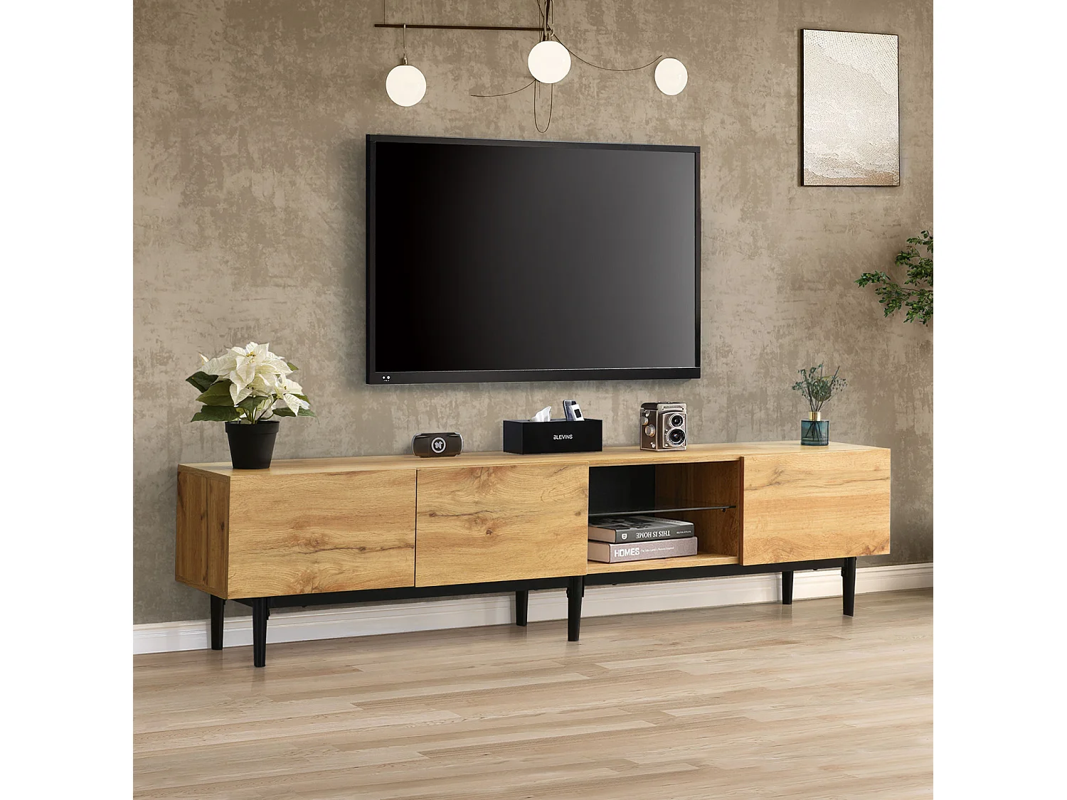 Industriële tv-kast met led, 3 deuren, 2 planken, 175x31x41cm, naturel