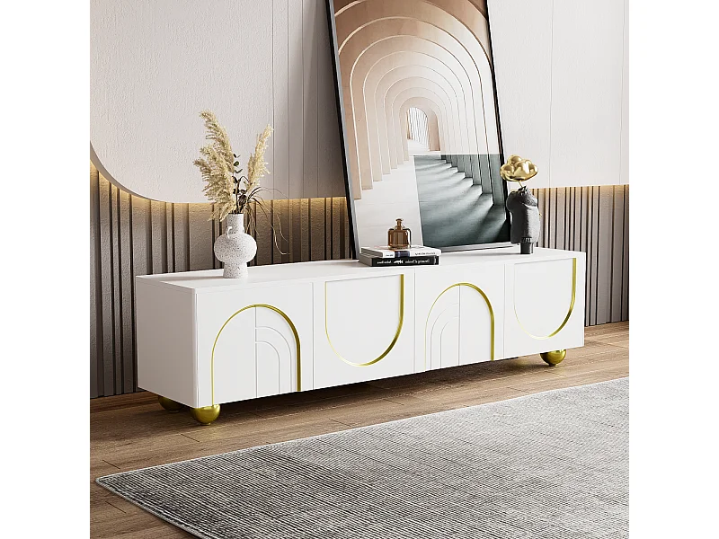 Mobile TV da 170 cm, con 4 ante ad arco, ripiano portaoggetti, gambe rotonde in metallo dorato, mobile soggiorno in legno - Bianco