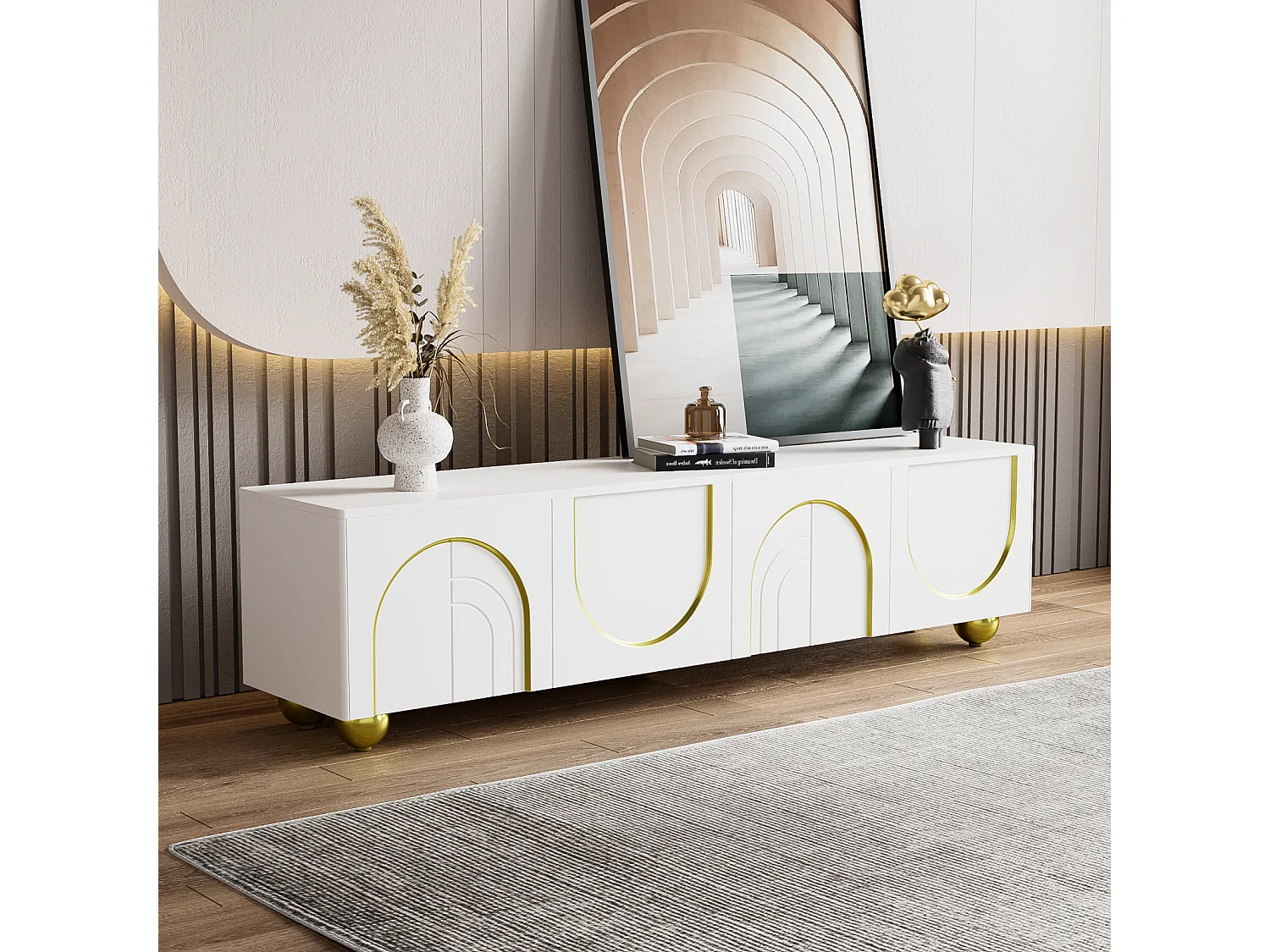 Mobile TV da 170 cm, con 4 ante ad arco, ripiano portaoggetti, gambe rotonde in metallo dorato, mobile soggiorno in legno - Bianco