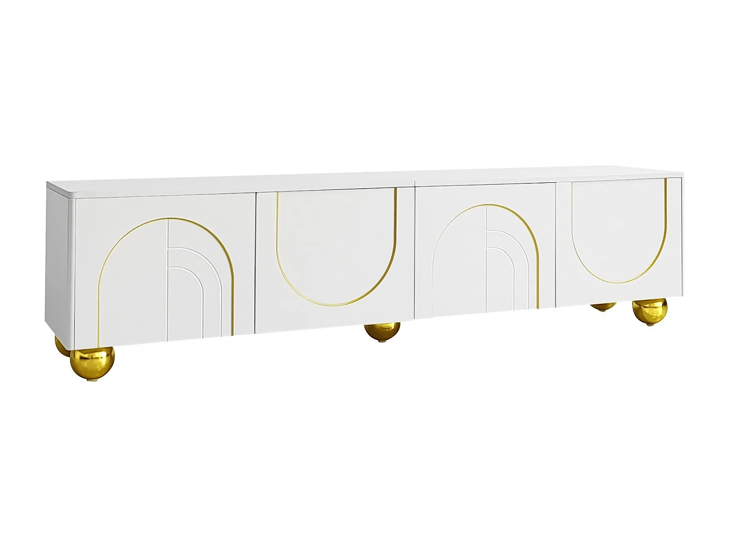 Mobile TV da 170 cm, con 4 ante ad arco, ripiano portaoggetti, gambe rotonde in metallo dorato, mobile soggiorno in legno - Bianco