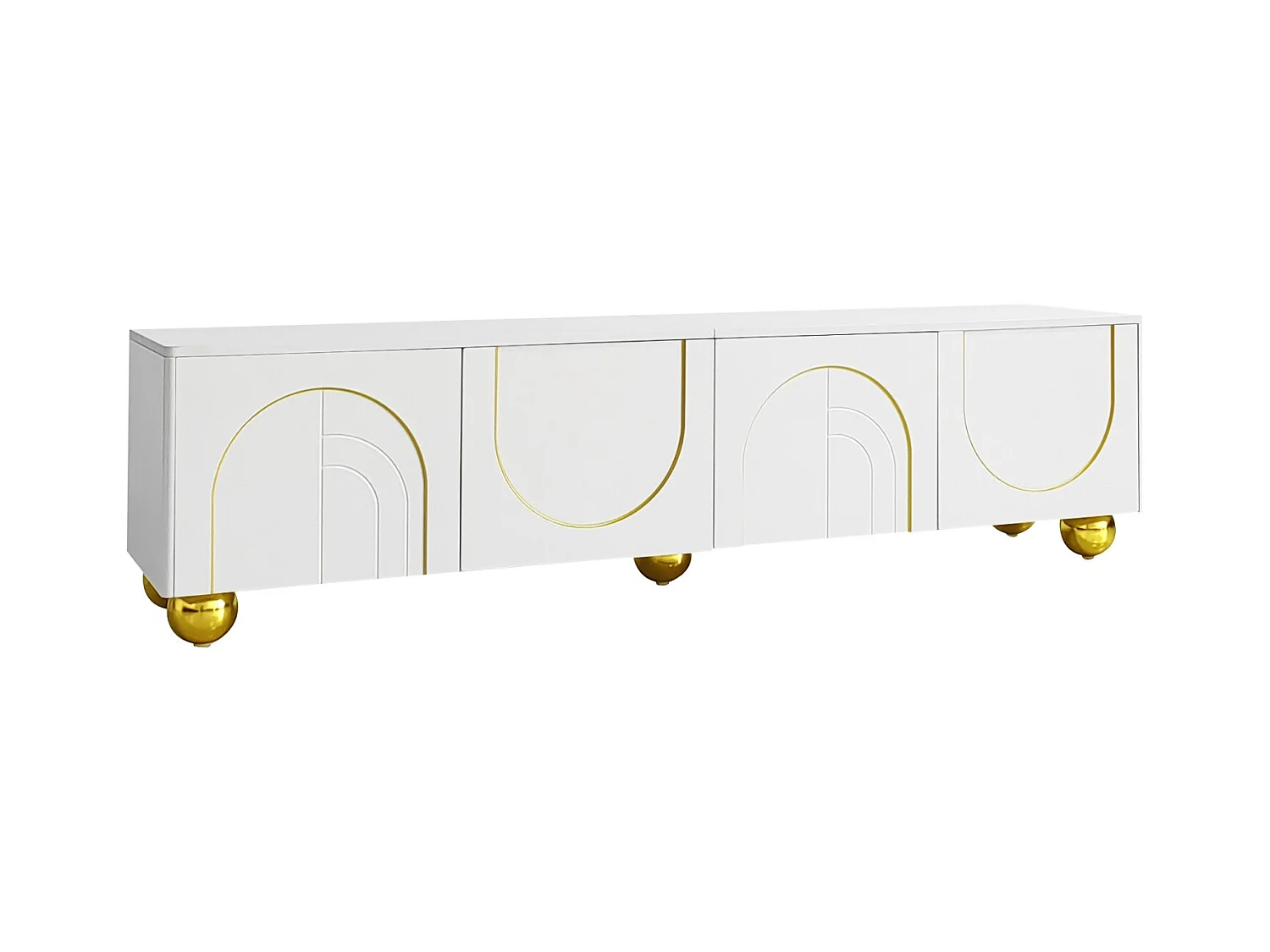 TV-meubel 170 cm, met 4 gebogen deuren, opbergplank, ronde poten van goudkleurig metaal, houten woonkamermeubel - Wit