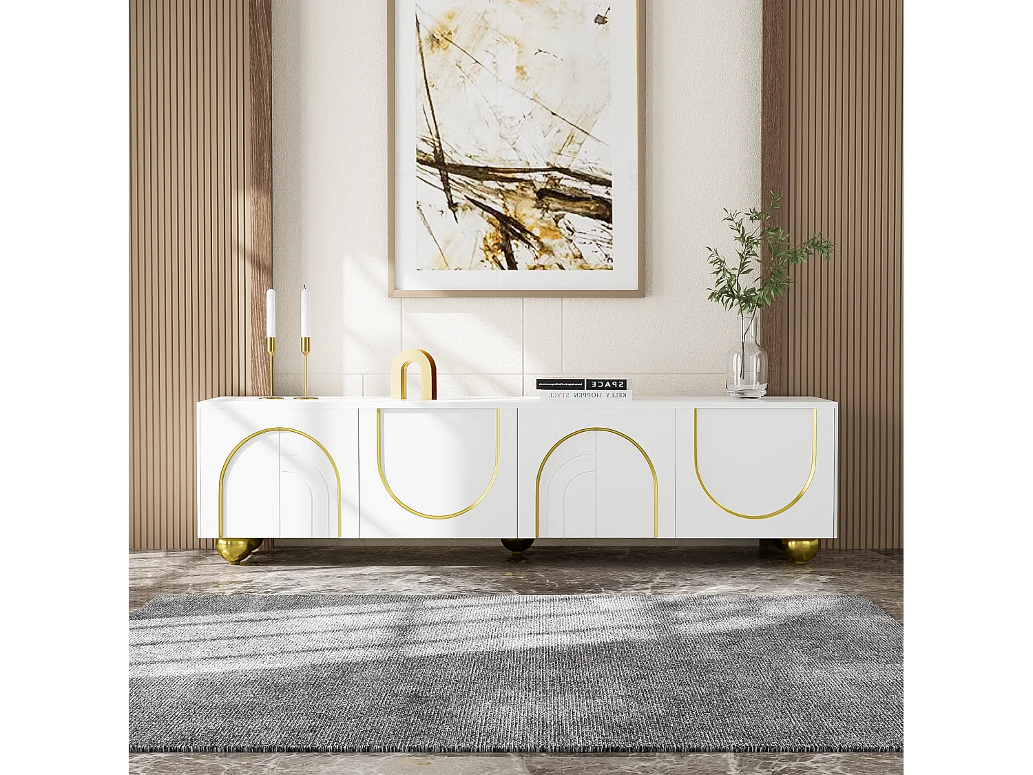 Meuble TV 170cm, avec 4 portes décoration en arc, étagère de rangement, Pieds runds en métal Doré, Meuble de salon en bois - Blanc