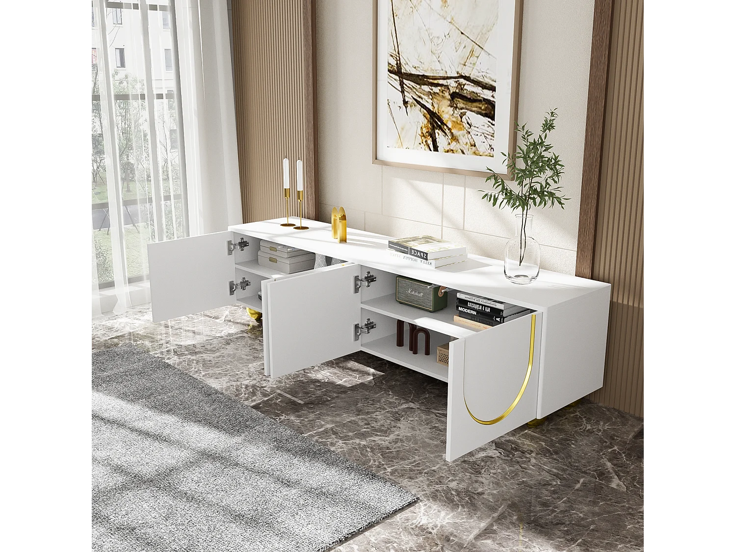 Meuble TV 170cm, avec 4 portes décoration en arc, étagère de rangement, Pieds runds en métal Doré, Meuble de salon en bois - Blanc