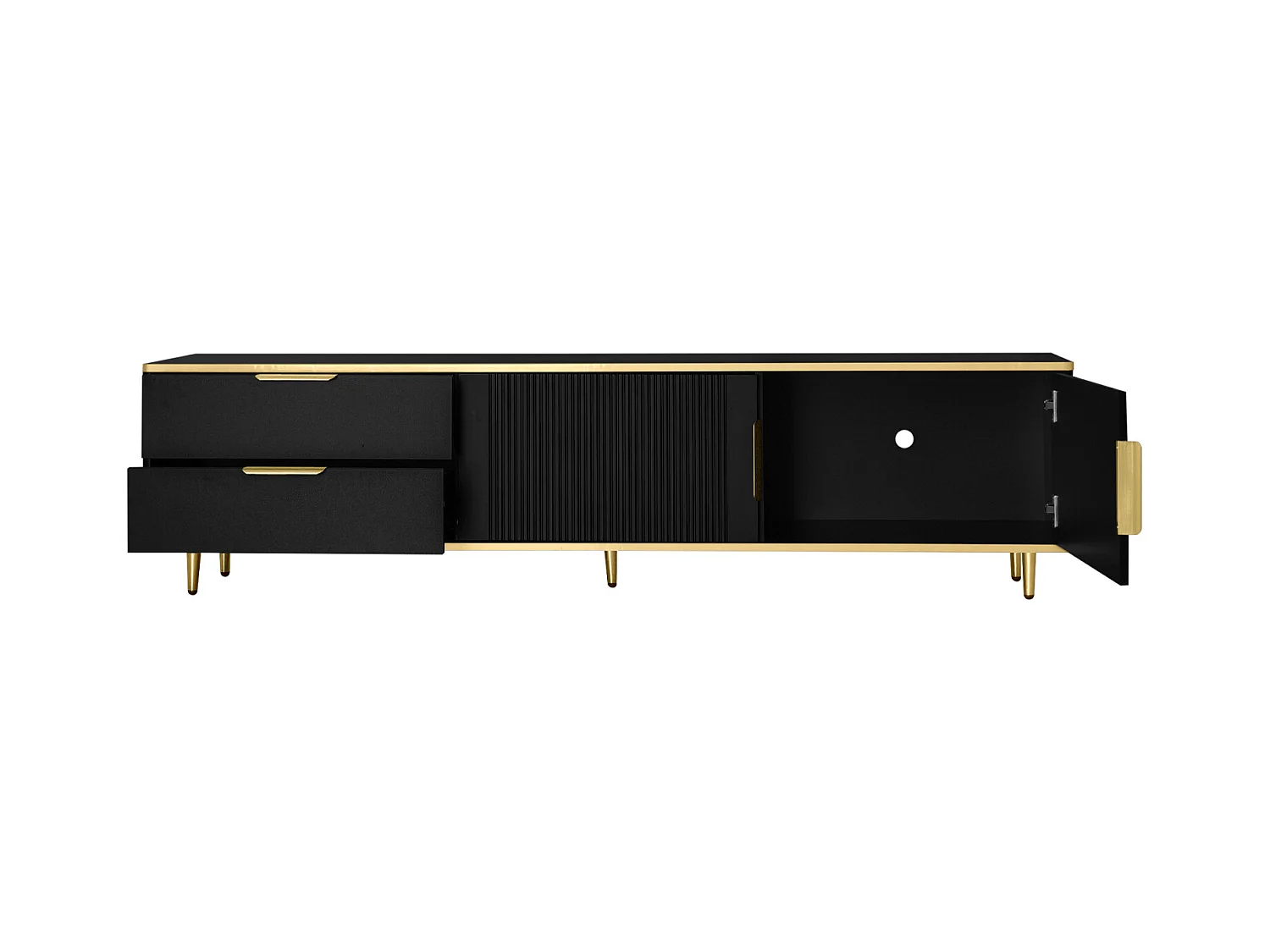 Meuble TV 175cm, avec 2 tiroirs, 2 portes, Pieds et poignée en métal Doré, motifs sculptés, style Scandinave, Meuble de salon en bois - Noir