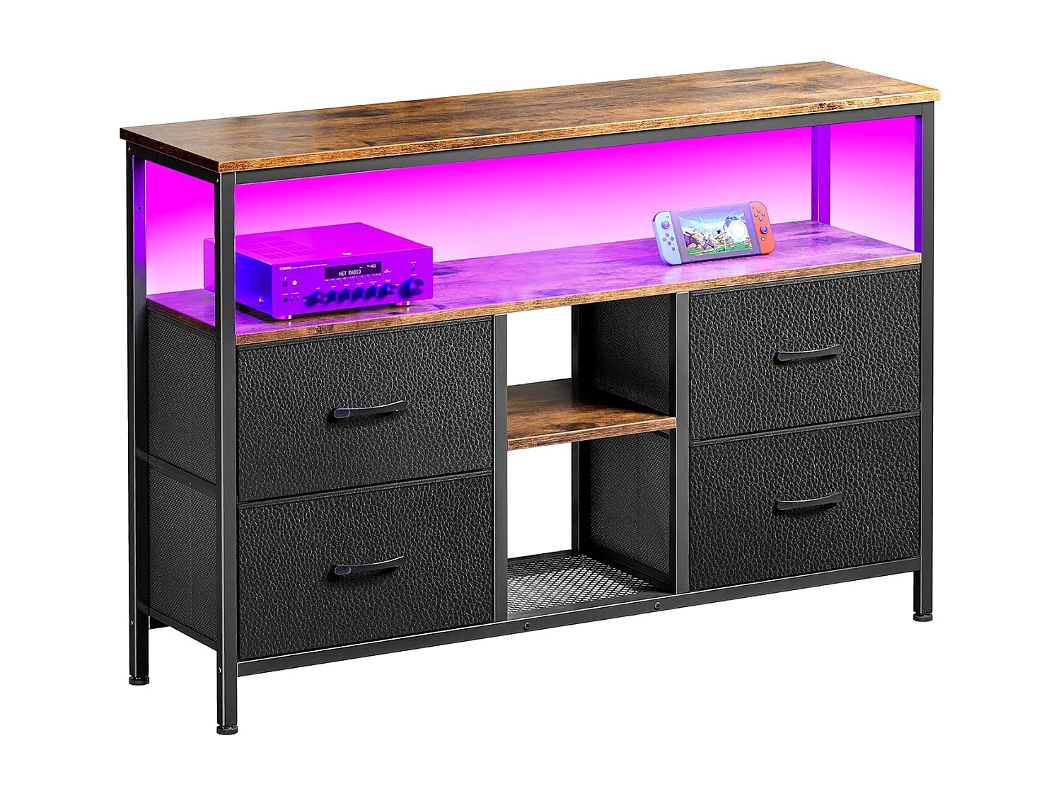 Meuble TV LED 108x30x78cm - 4 tiroirs, 2 compartiments et étagère - tissu cuir et métal noir - Noir