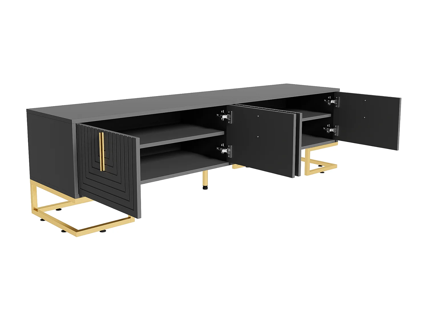 Mobile TV 170x40x45,5cm, con 4 ante strutturate, maniglie dorate e piedini dorati, in pannello di particelle, grigio