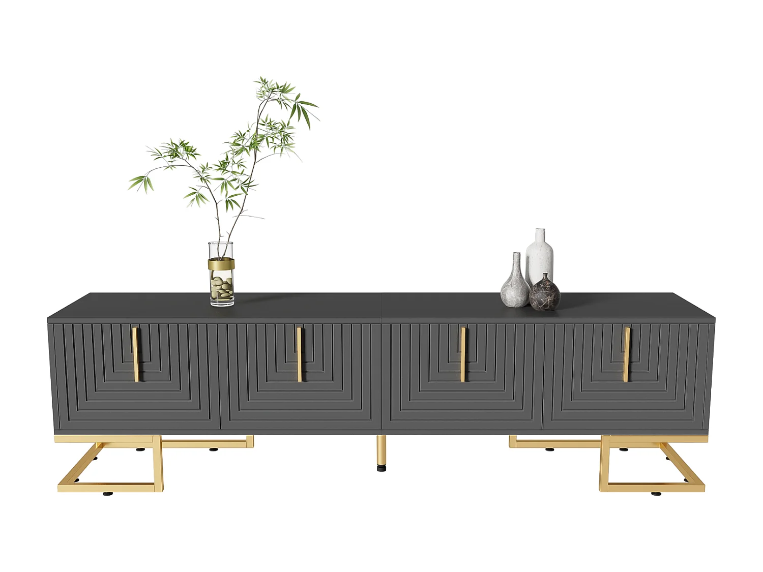 Meuble TV 170x40x45.5cm, avec 4 portes structurée, poignées dorées et pieds dorés, en panneaux de particules, gris