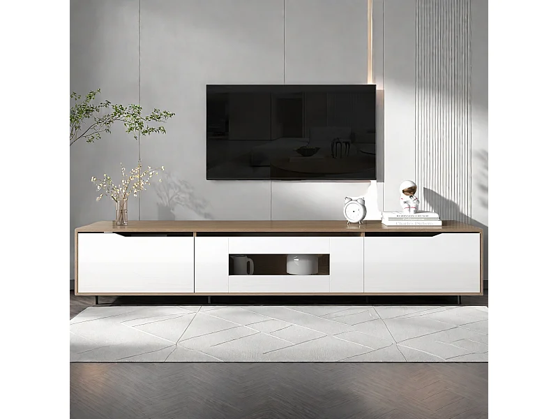 Meuble TV, meuble TV haute brillance, couleur assortie blanc brillant et couleur bois, avec lumière LED changeant de couleur.