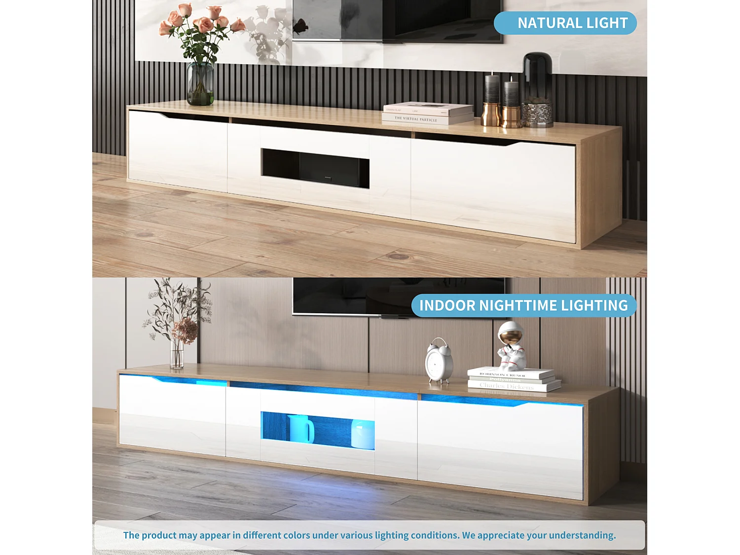 Meuble TV, meuble TV haute brillance, couleur assortie blanc brillant et couleur bois, avec lumière LED changeant de couleur.