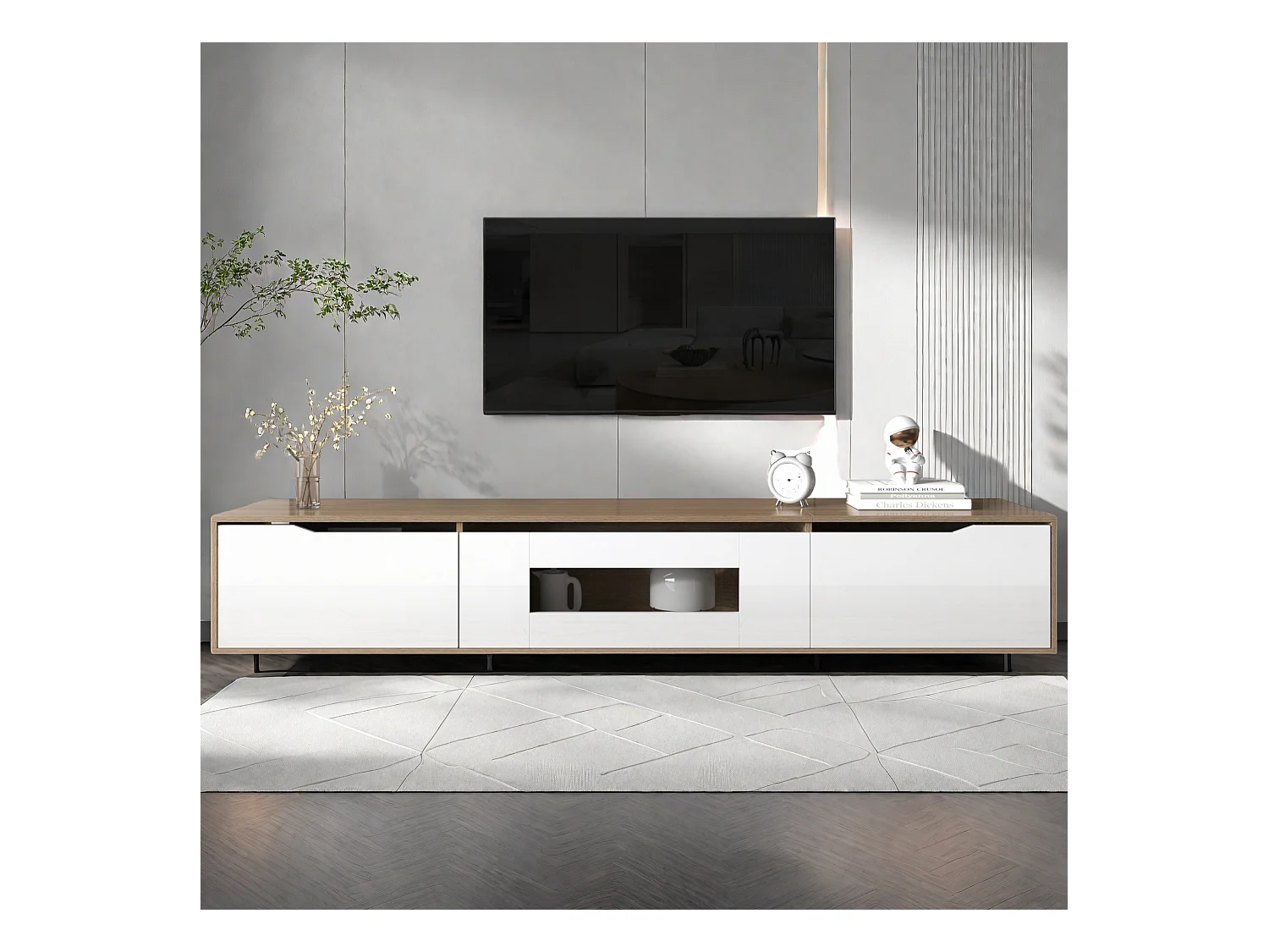 Mueble de TV de alto brillo, a juego: blanco brillante y madera, con iluminación LED que cambia de color.