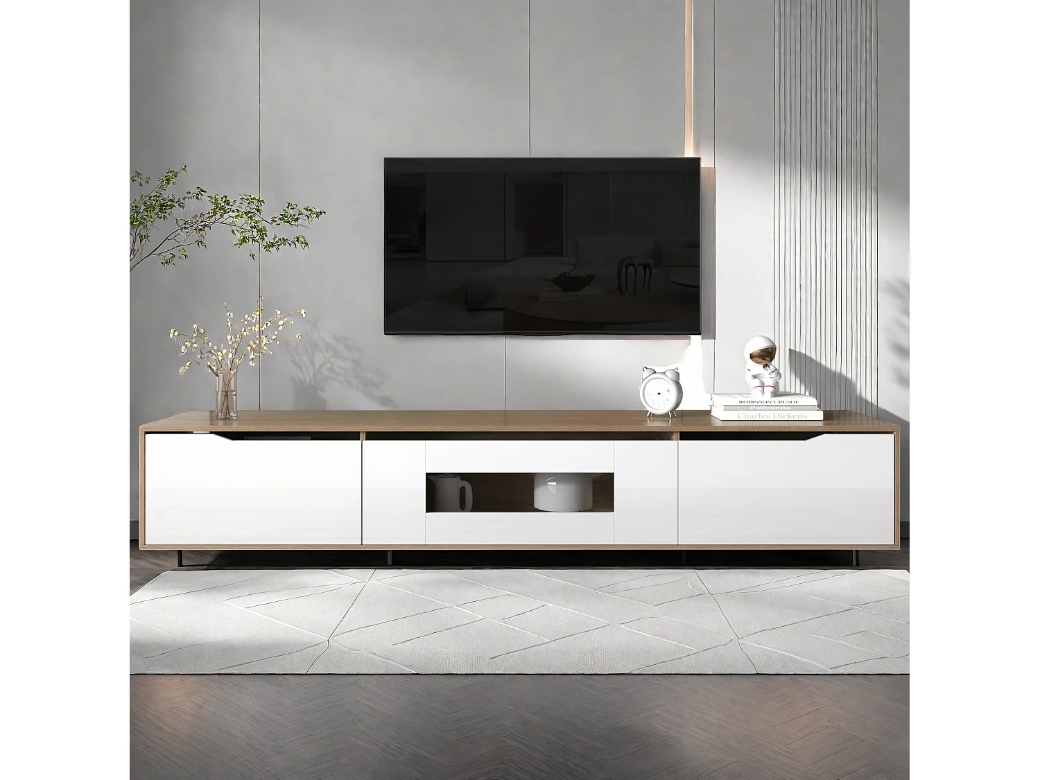 Meuble TV, meuble TV haute brillance, couleur assortie blanc brillant et couleur bois, avec lumière LED changeant de couleur.