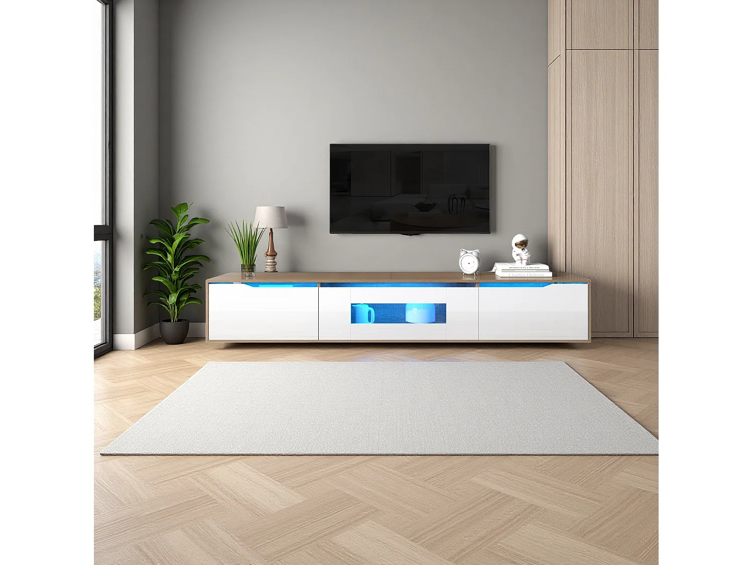 Meuble TV, meuble TV haute brillance, couleur assortie blanc brillant et couleur bois, avec lumière LED changeant de couleur.