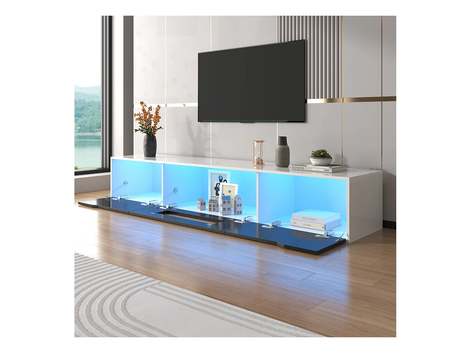Meuble TV, meuble TV brillant, assorti au noir et blanc, avec éclairage LED à changement de couleur.