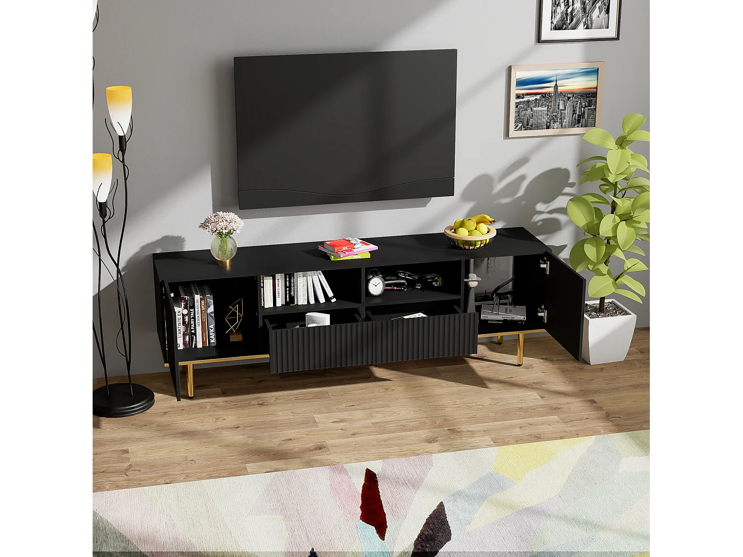 Móvel TV 165x36x55cm, com 2 portas, 2 gavetas e 2 compartimentos, pés e borda dourada, Preto