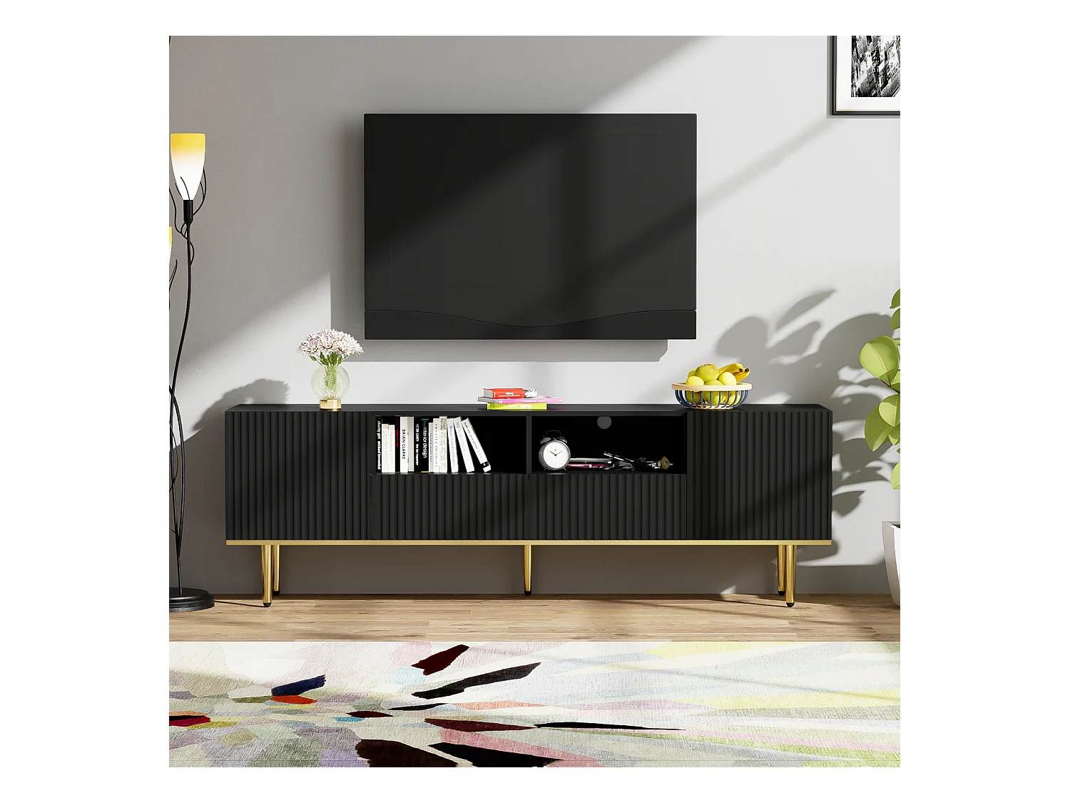 Meuble TV 165x36x55cm, avec 2 portes, 2 tiroirs et 2 compartiments, pieds dorés et bord doré, Noir