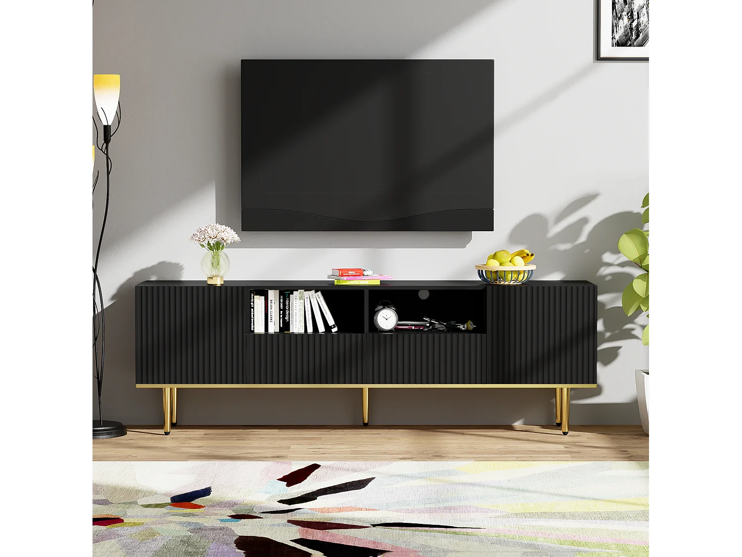 Meuble TV 165x36x55cm, avec 2 portes, 2 tiroirs et 2 compartiments, pieds dorés et bord doré, Noir