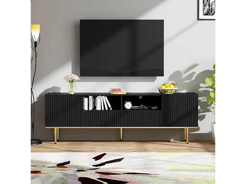 Meuble TV 165x36x55cm, avec 2 portes, 2 tiroirs et 2 compartiments, pieds dorés et bord doré, Noir