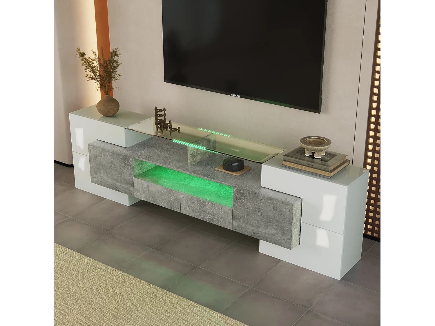 Elegante mueble de TV bajo. Blanco brillante, 200 cm, iluminación LED, mueble de salón. Diseño moderno. Elegante superficie de cristal.