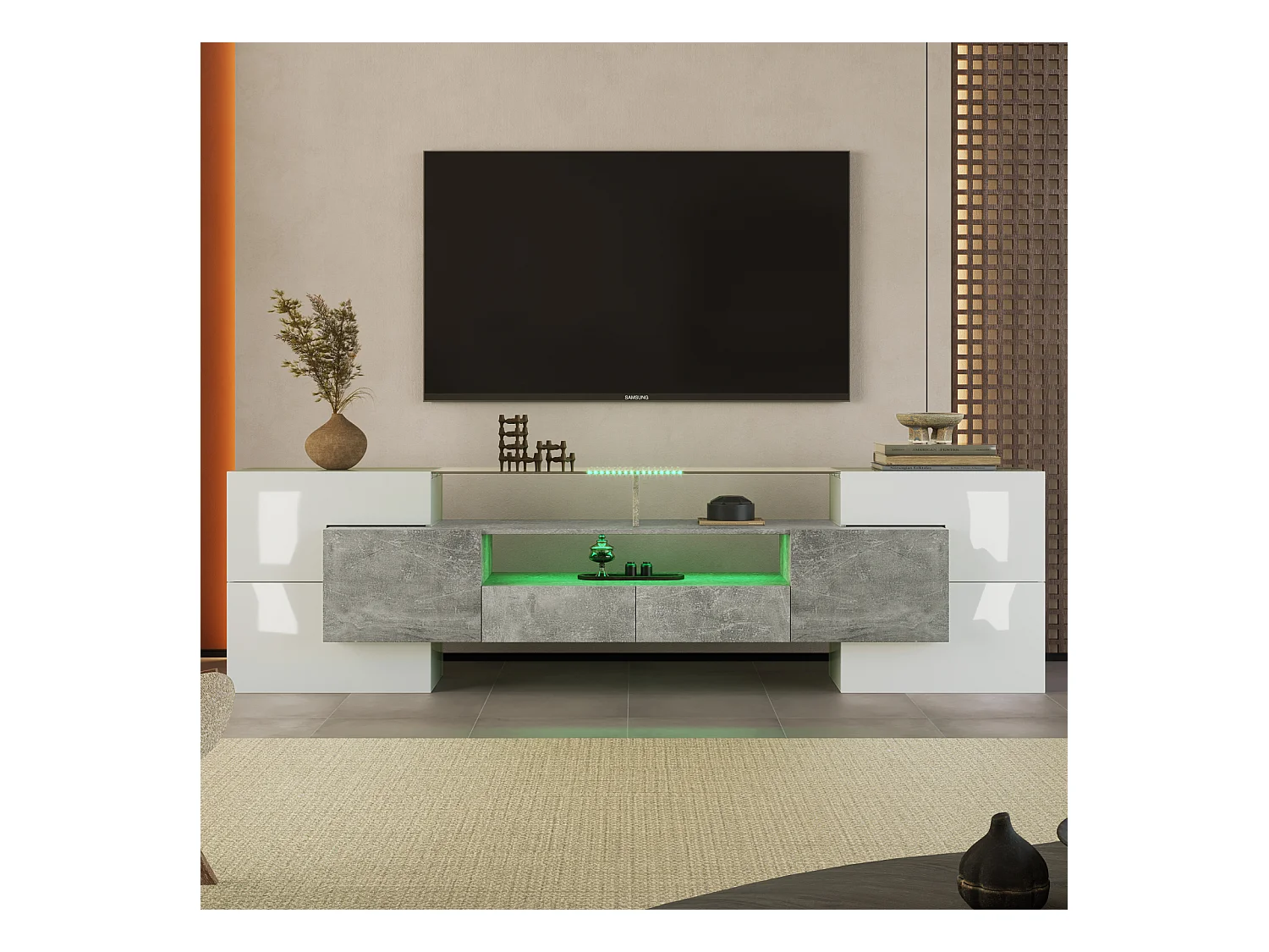 Meuble TV élégant, lowboard. Blanc brillant, 200 cm, éclairage LED, meuble de salon. Design moderne. Élégante surface en verre.