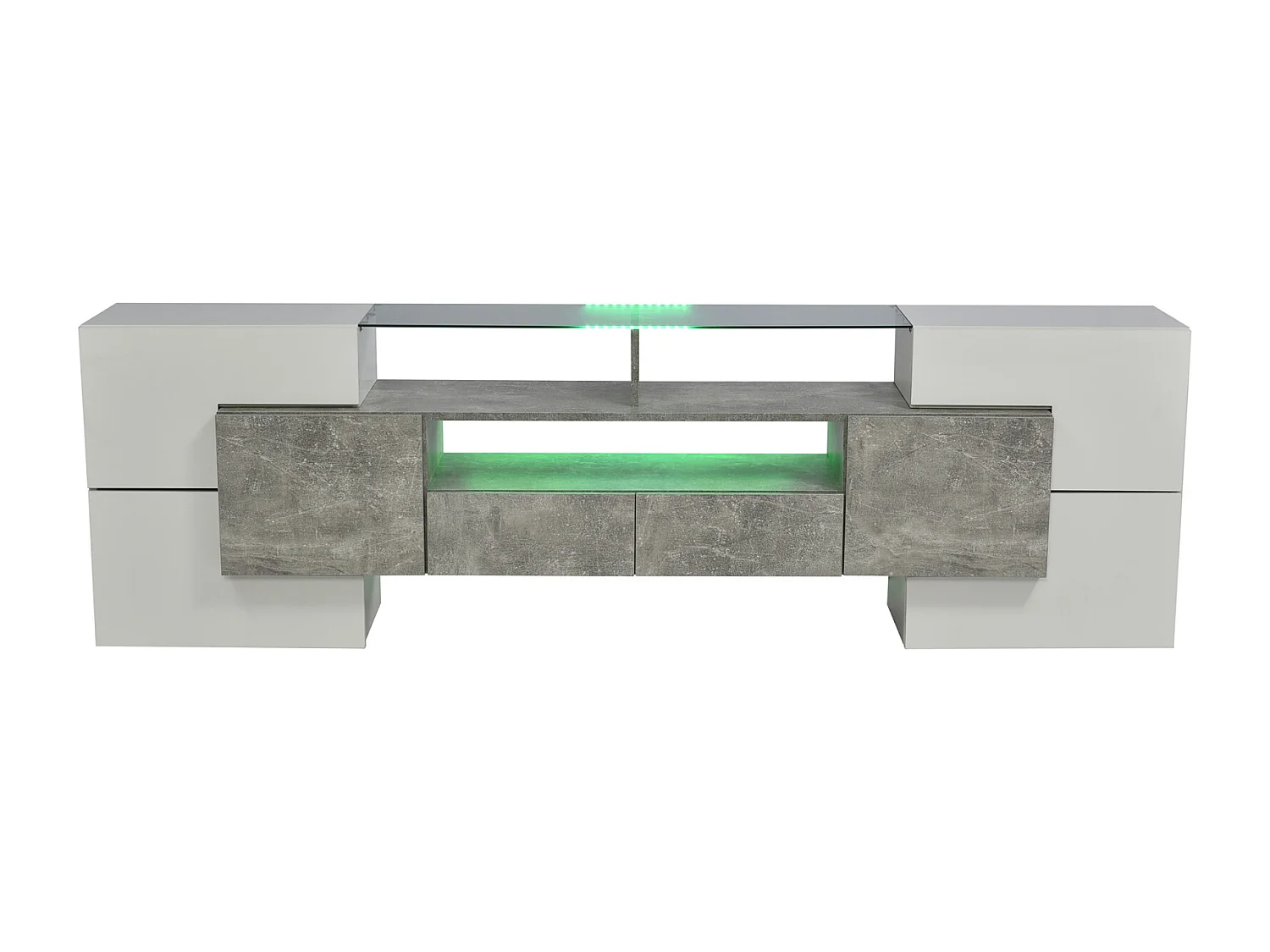 Meuble TV élégant, lowboard. Blanc brillant, 200 cm, éclairage LED, meuble de salon. Design moderne. Élégante surface en verre.