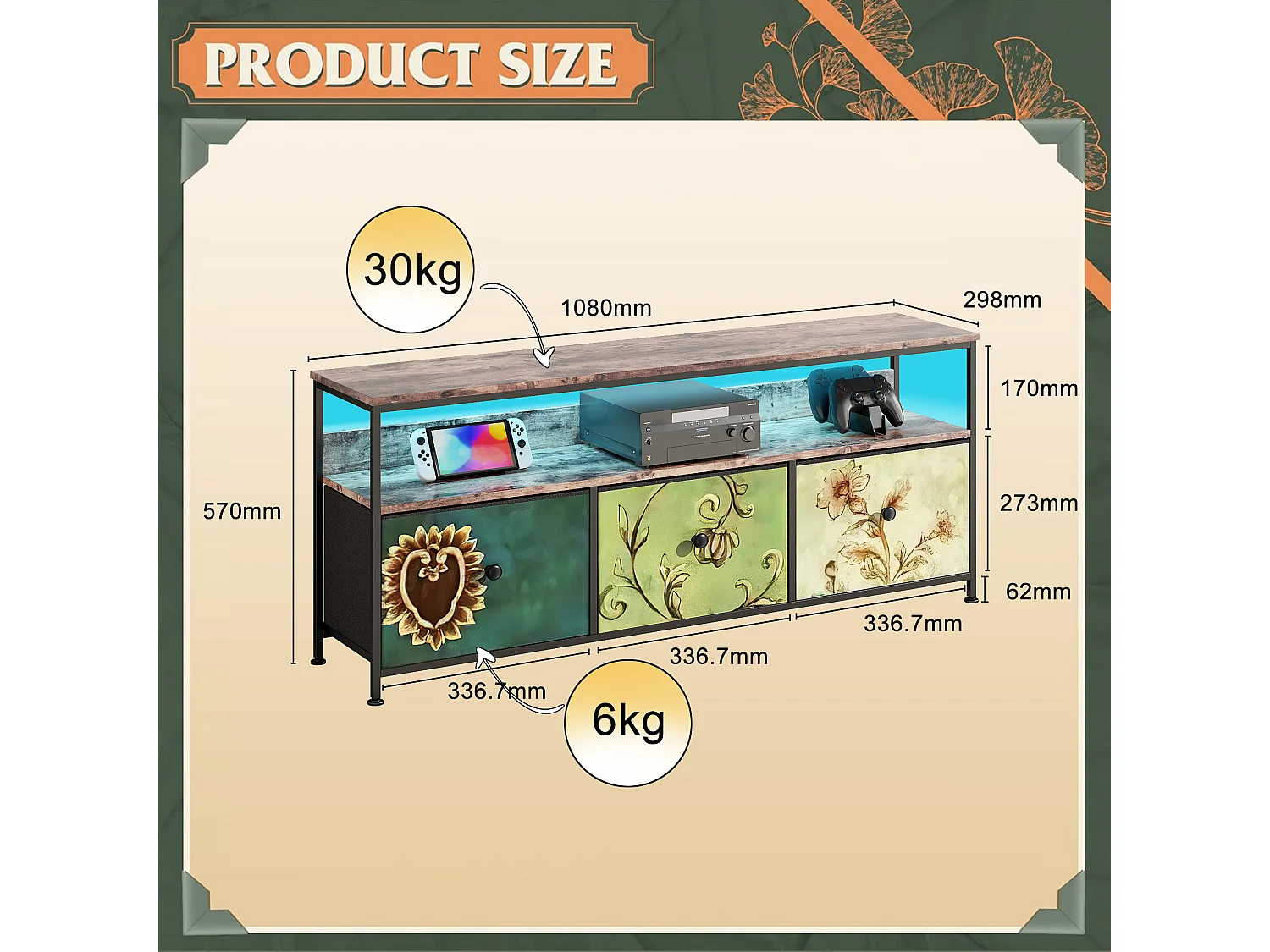 Mobile TV LED 108x30x78cm - 4 cassetti, 2 scomparti e ripiano - tessuto in pelle e metallo nero - Colorato