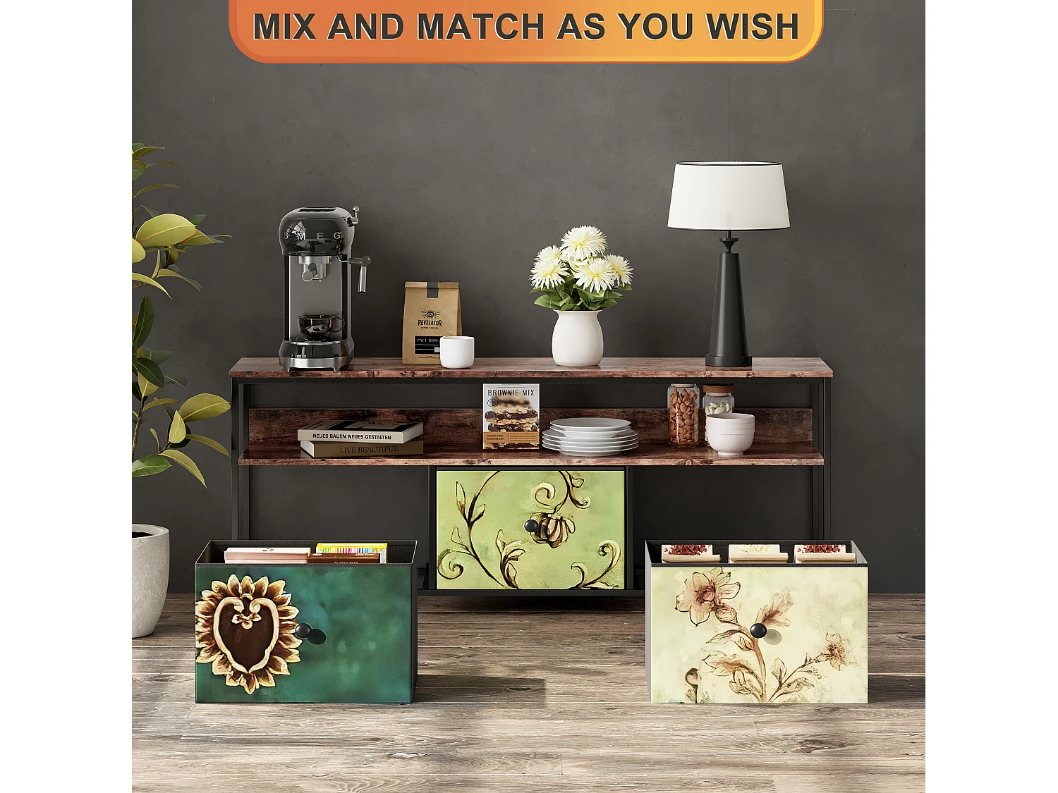 Mobile TV LED 108x30x78cm - 4 cassetti, 2 scomparti e ripiano - tessuto in pelle e metallo nero - Colorato