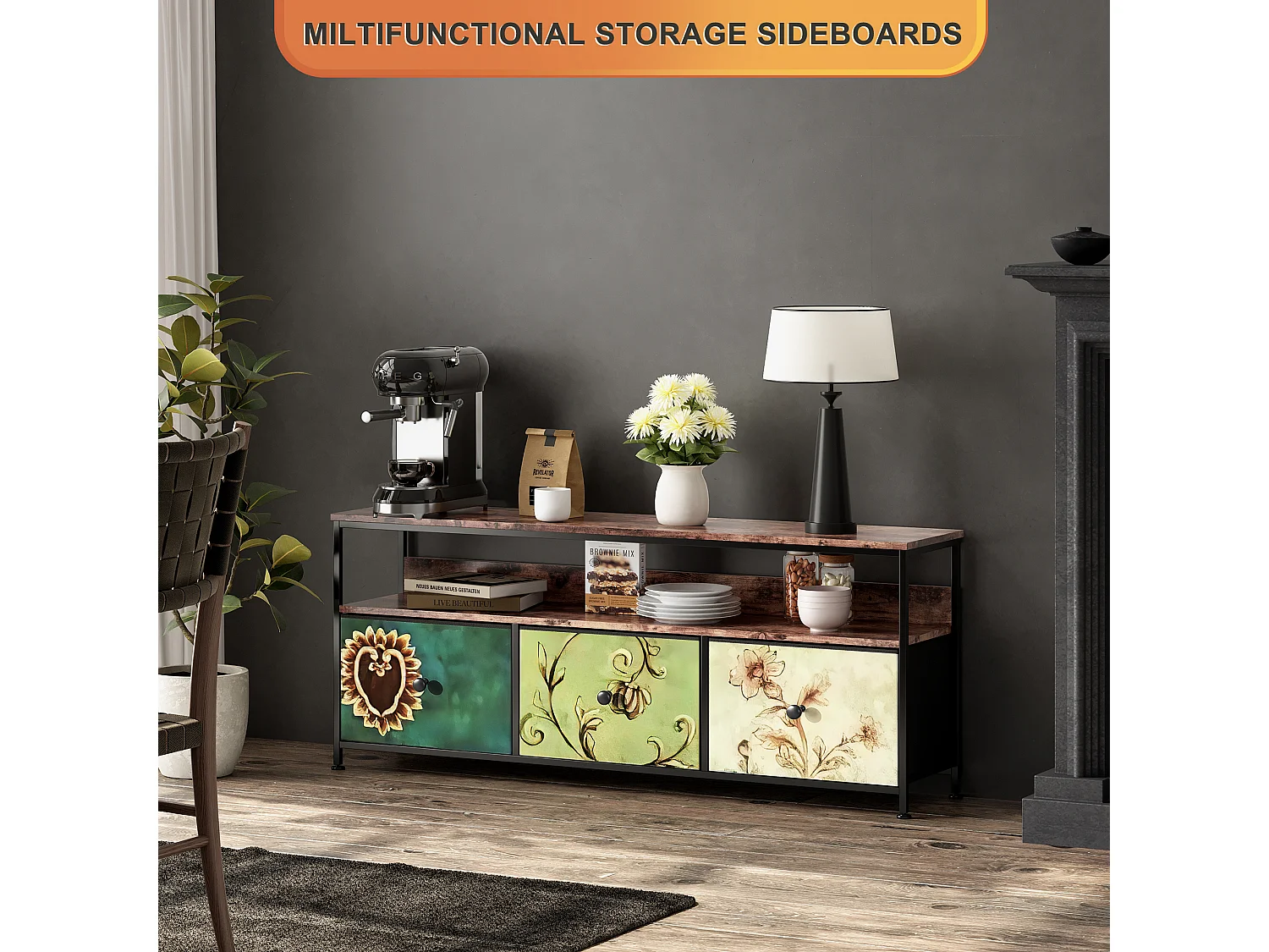 Mobile TV LED 108x30x78cm - 4 cassetti, 2 scomparti e ripiano - tessuto in pelle e metallo nero - Colorato