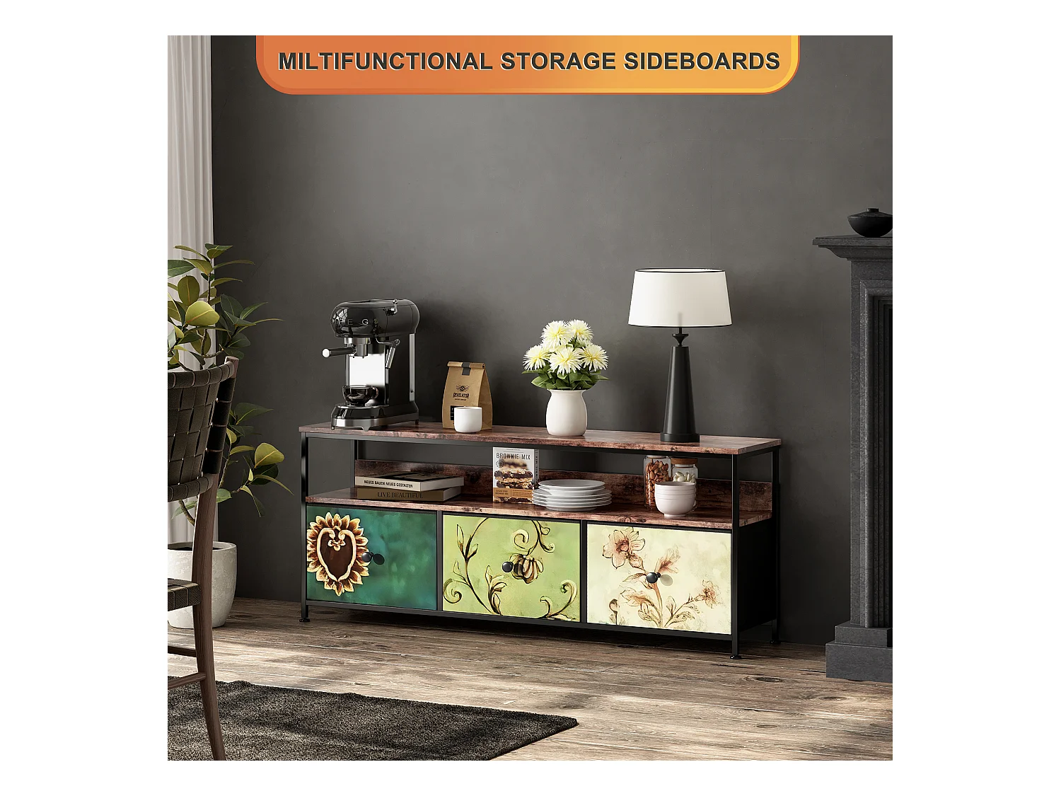 Mueble TV LED 108x30x78cm - 4 cajones, 2 compartimentos y balda - tela cuero y metal negro - Colorido