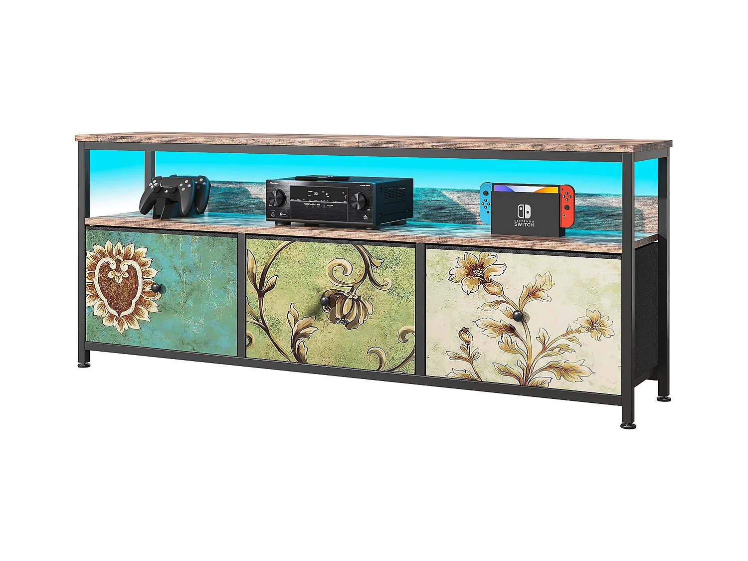 Mueble TV LED 108x30x78cm - 4 cajones, 2 compartimentos y balda - tela cuero y metal negro - Colorido