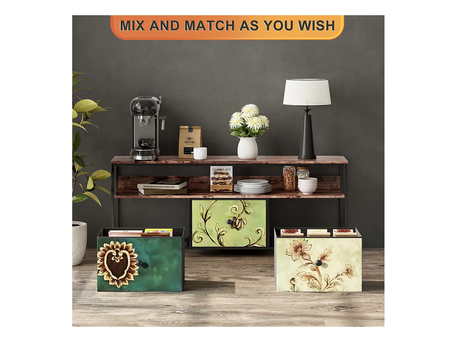 Mueble TV LED 108x30x78cm - 4 cajones, 2 compartimentos y balda - tela cuero y metal negro - Colorido