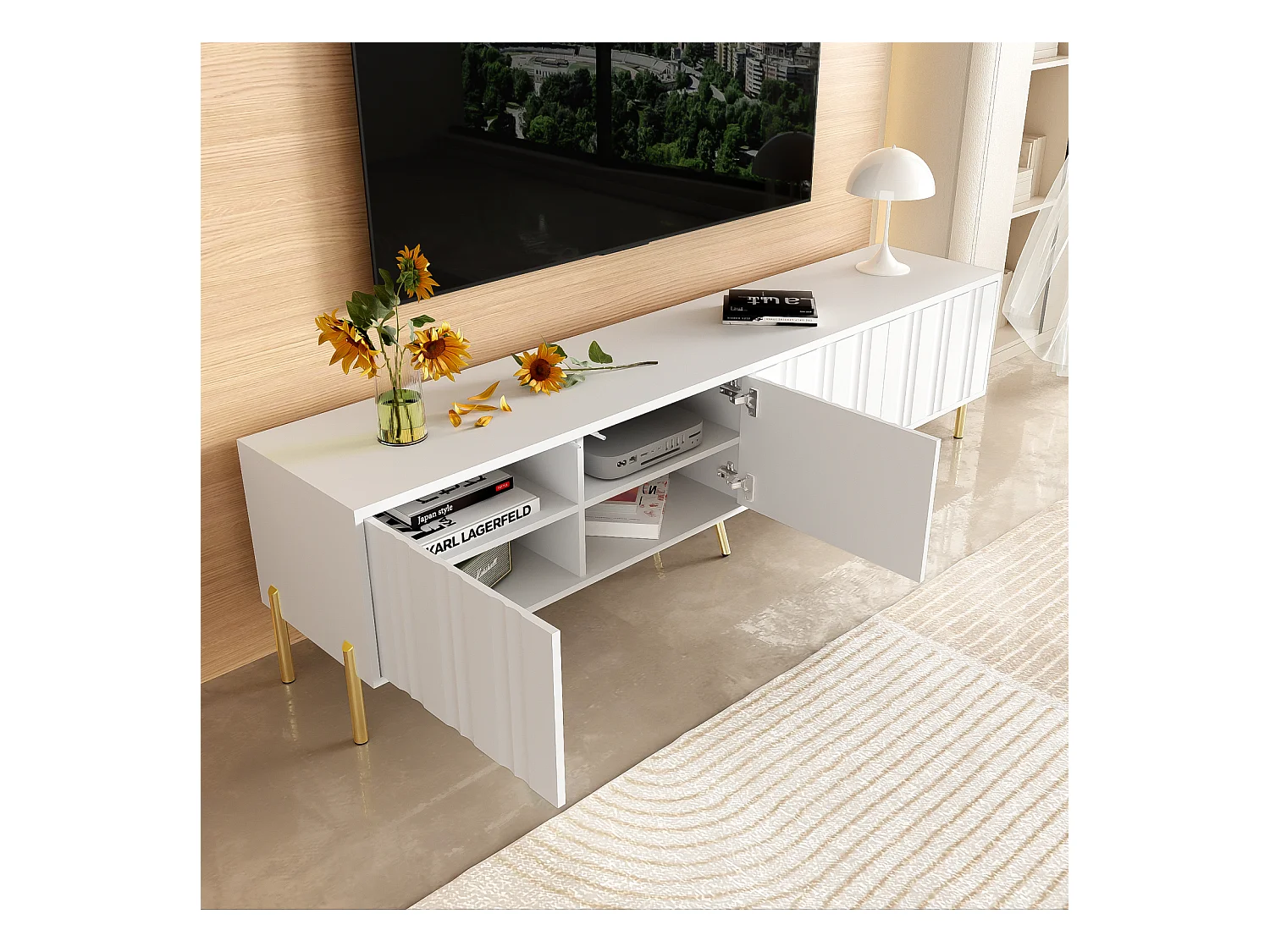 Meuble TV 190x38x48cm - Armoire avec 4 portes, pieds de table dorés, design de porte rainurée - Blanc