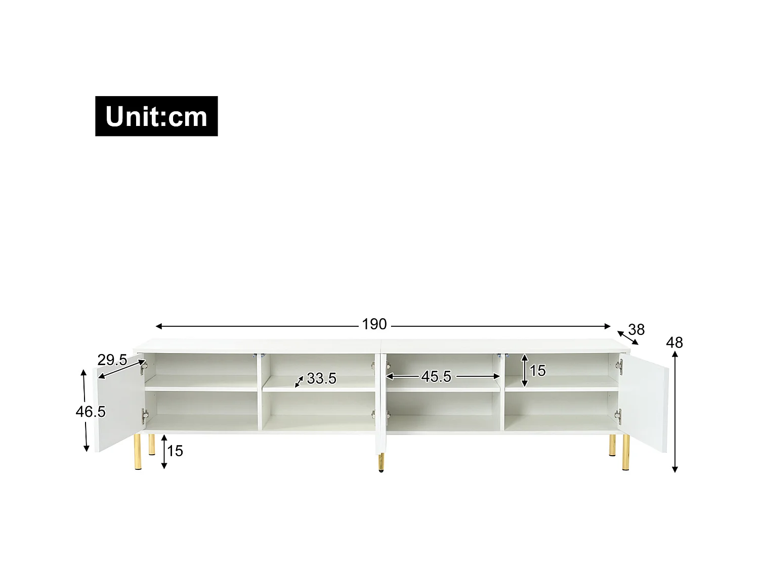 Meuble TV 190x38x48cm - Armoire avec 4 portes, pieds de table dorés, design de porte rainurée - Blanc