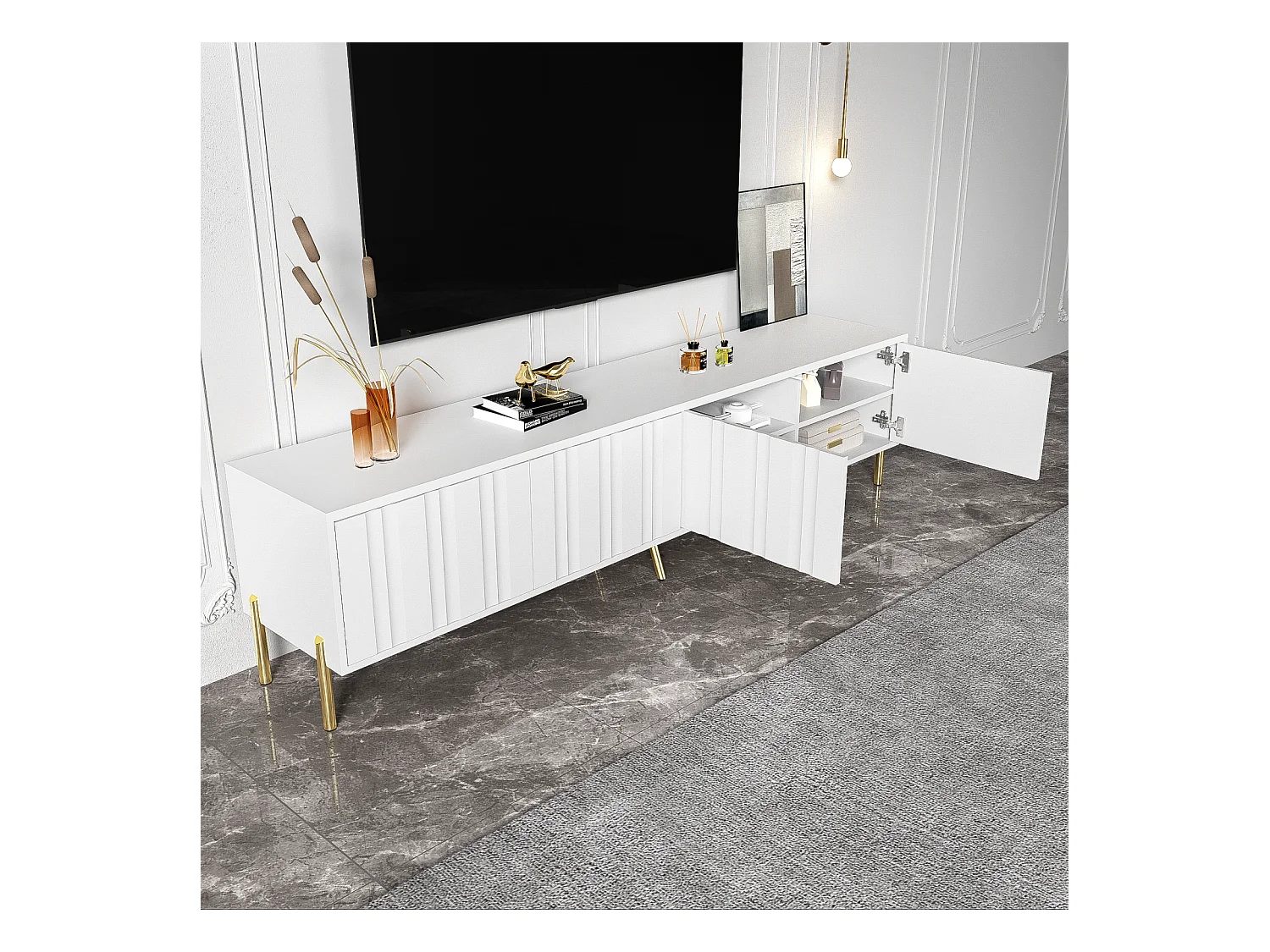 Meuble TV 190x38x48cm - Armoire avec 4 portes, pieds de table dorés, design de porte rainurée - Blanc