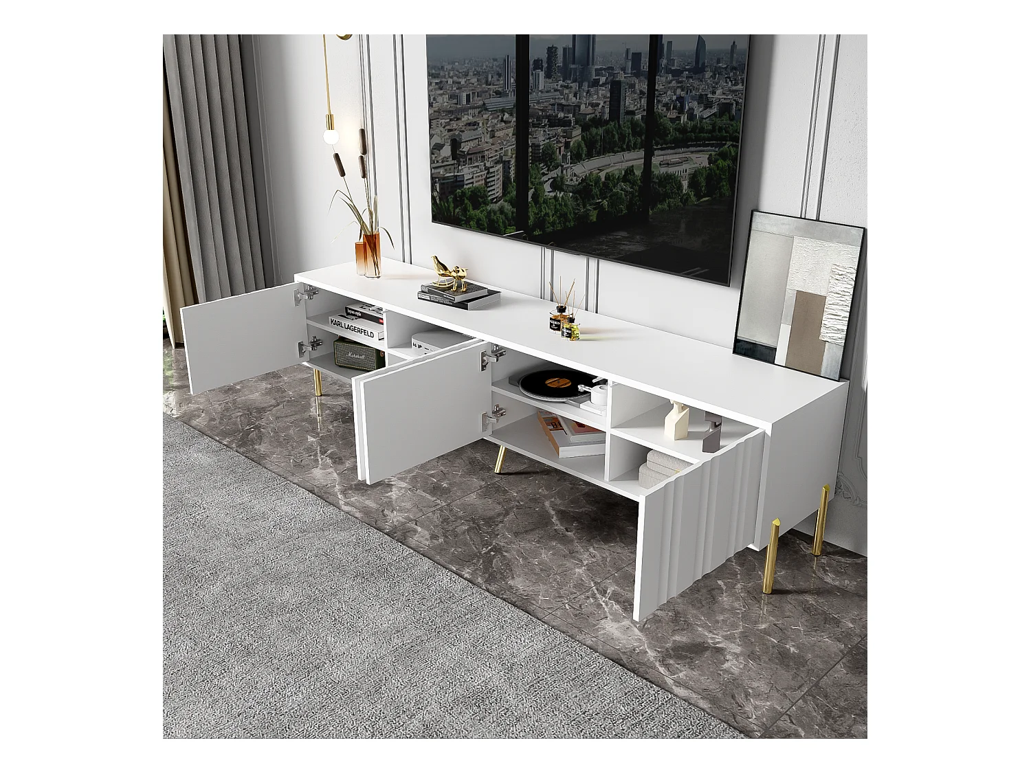 Meuble TV 190x38x48cm - Armoire avec 4 portes, pieds de table dorés, design de porte rainurée - Blanc