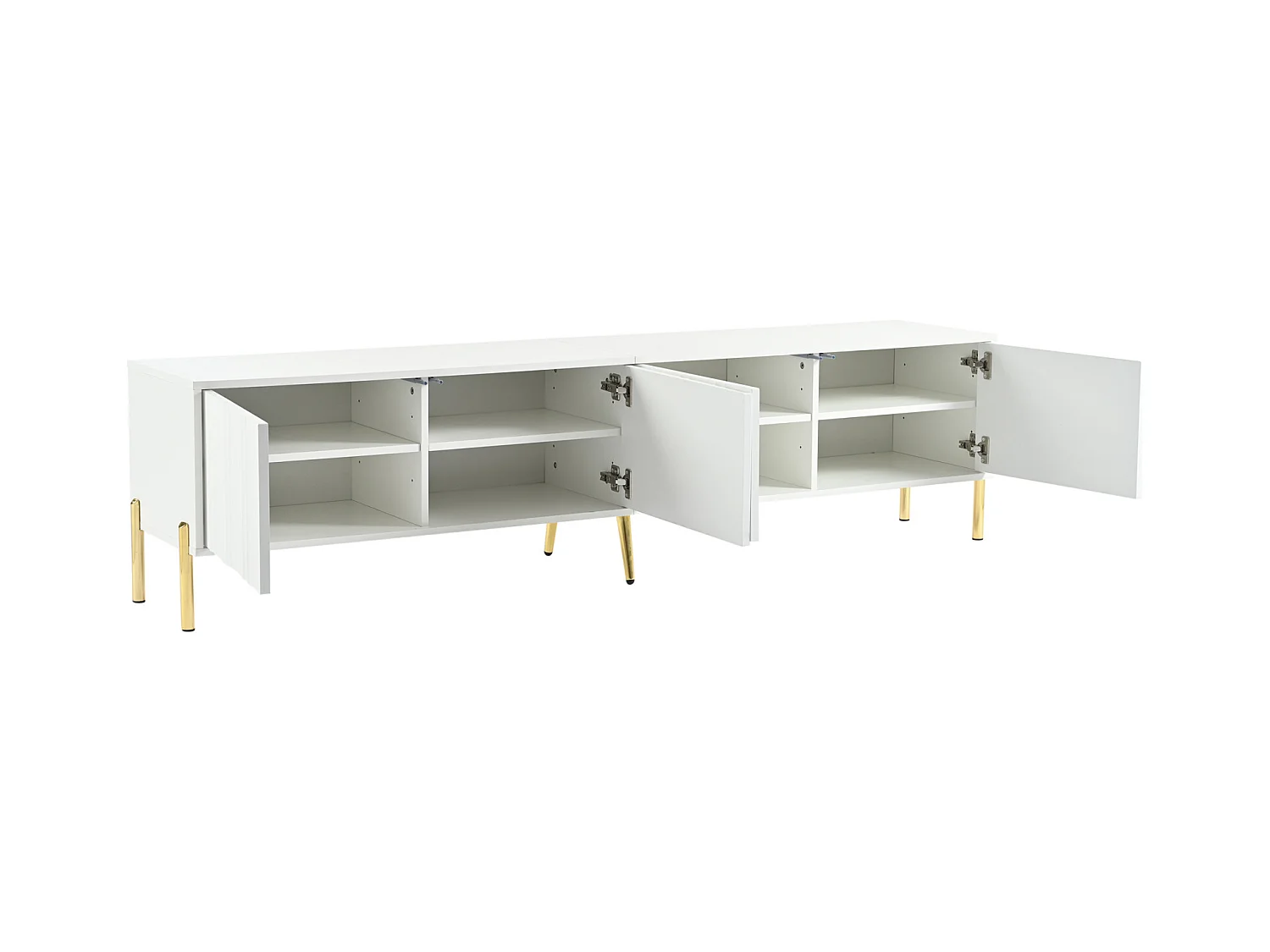 Meuble TV 190x38x48cm - Armoire avec 4 portes, pieds de table dorés, design de porte rainurée - Blanc