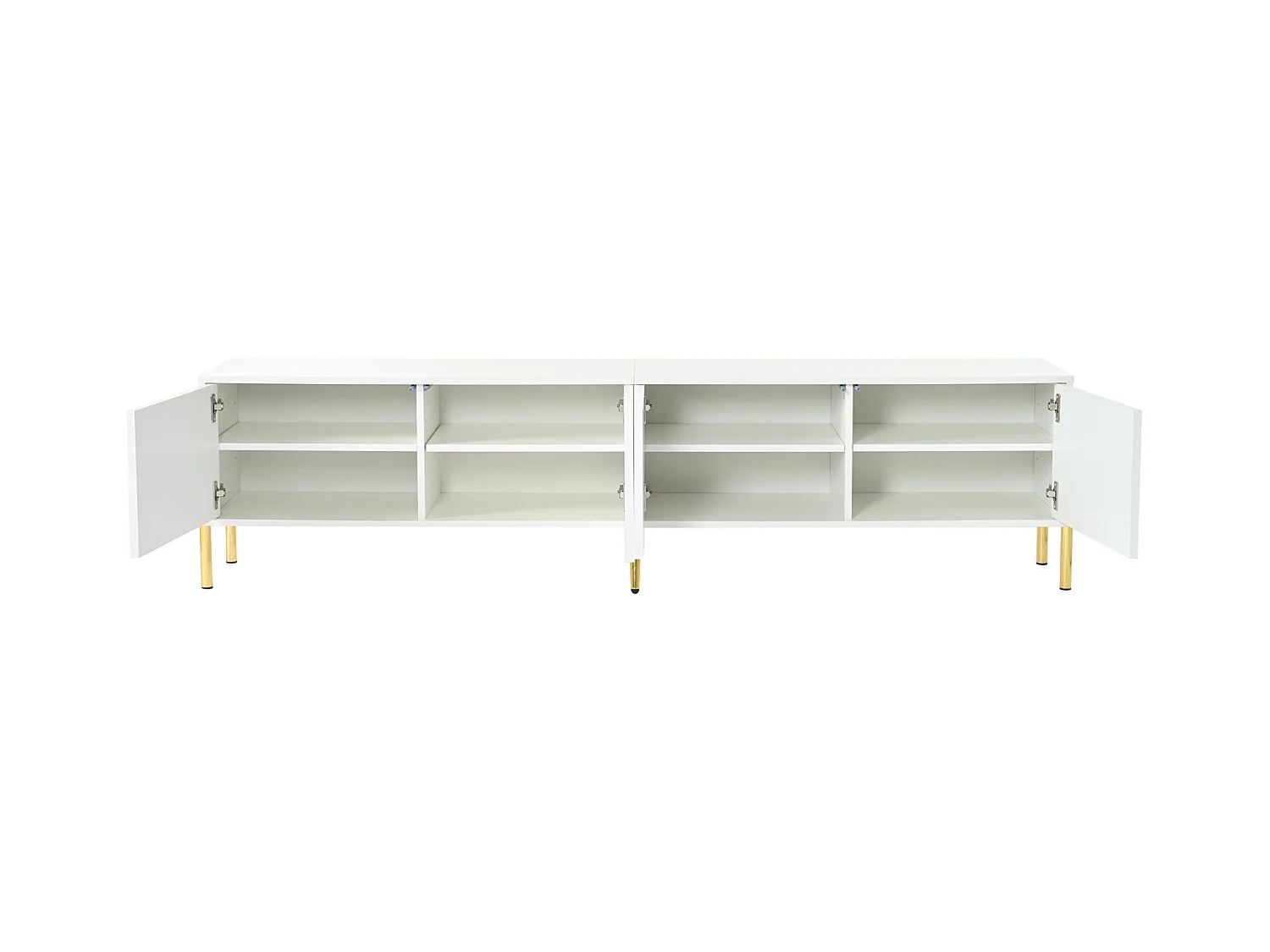 Meuble TV 190x38x48cm - Armoire avec 4 portes, pieds de table dorés, design de porte rainurée - Blanc