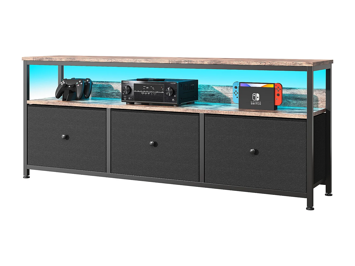 Suporte de TV de 108 cm, com 3 gavetas de armazenamento, prateleiras, estrutura de metal, retangular, industrial vintage, móveis de sala de estar de madeira - preto