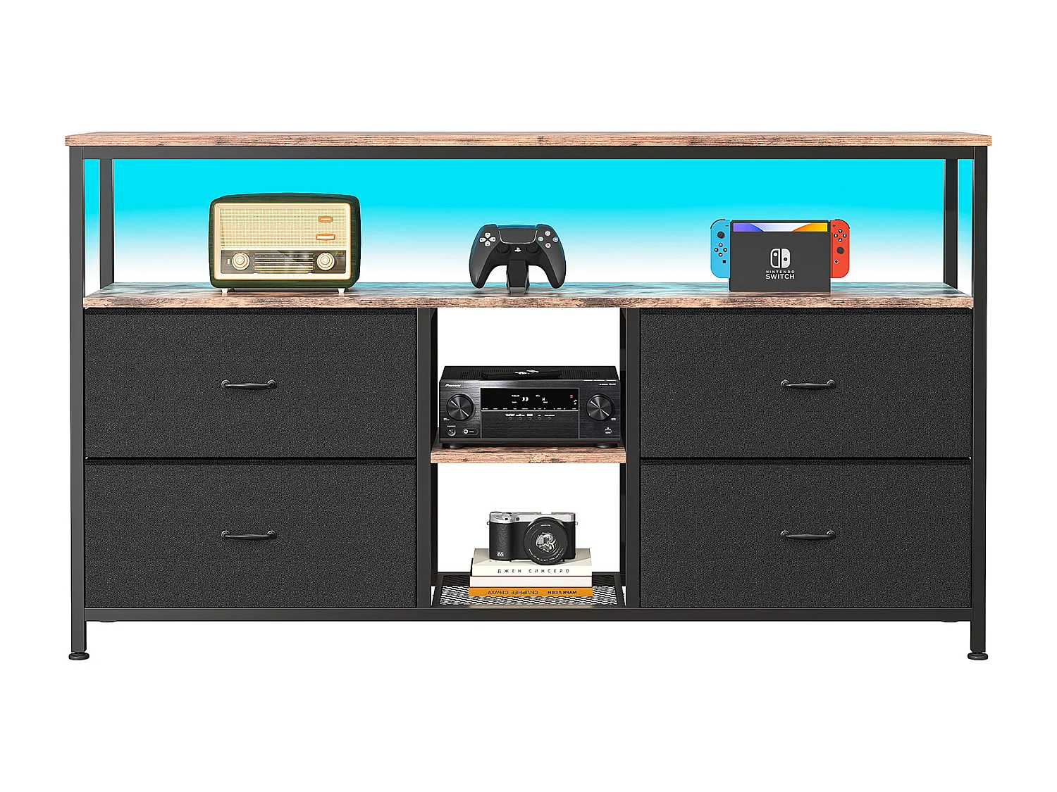 Meuble TV LED 137x30x78cm - 4 tiroirs, 2 compartiments et étagère - tissu cuir et métal noir - Noir